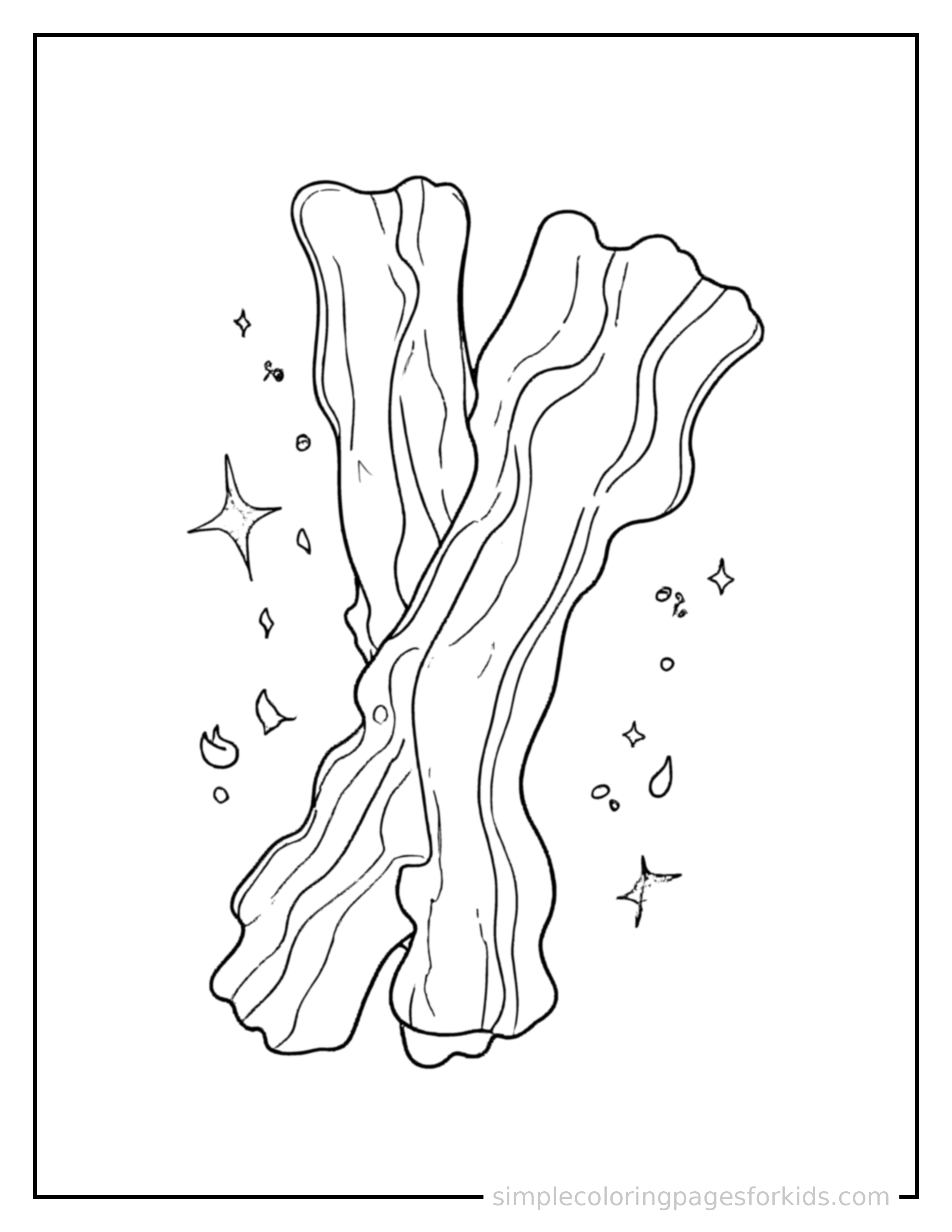 Free printable strips of bacon coloring page featuring a cute strips of bacon, shown from a slightly different angle with small decorative sparkle marks nearby.
