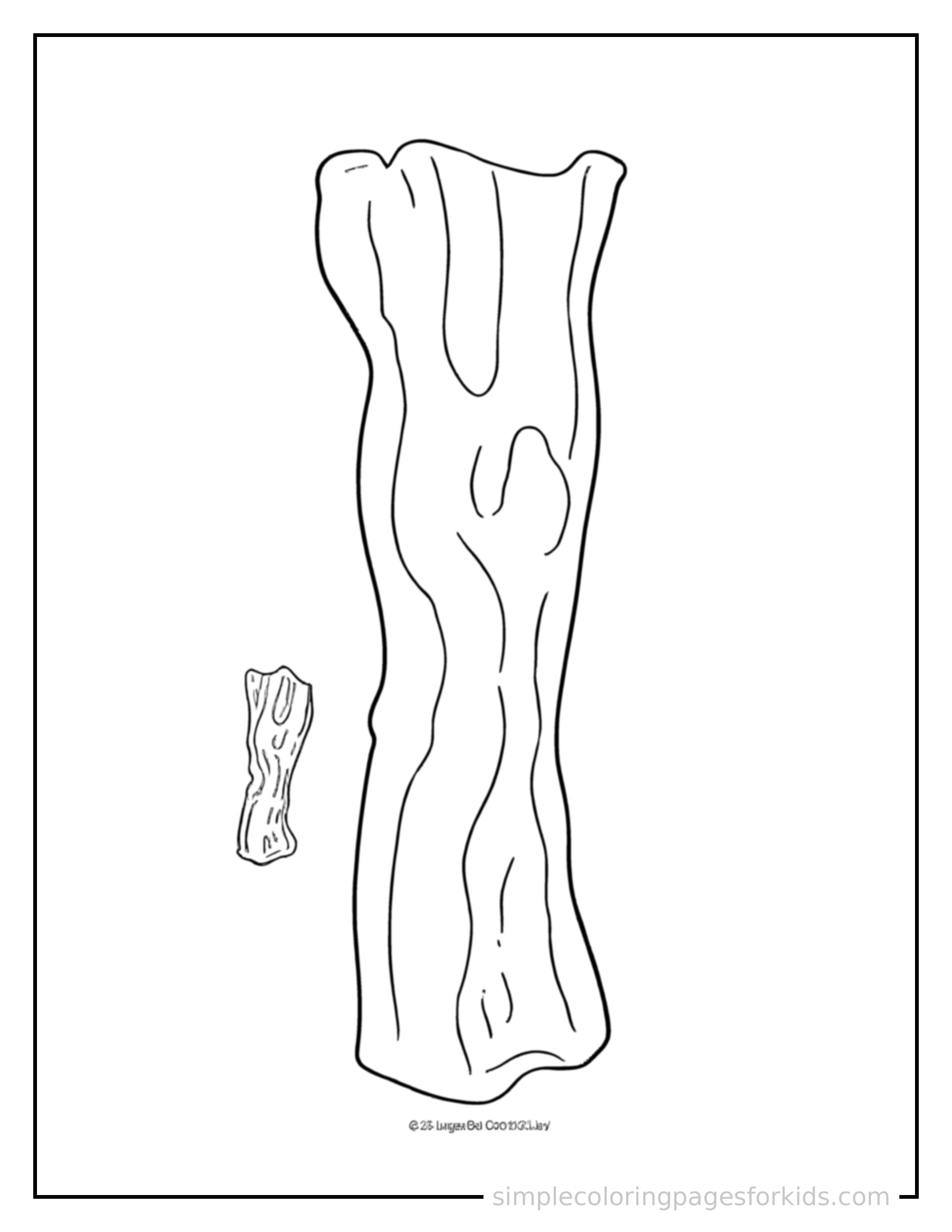 Free printable strips of bacon coloring page featuring a cute strips of bacon, shown with a smaller mini version of itself beside it.