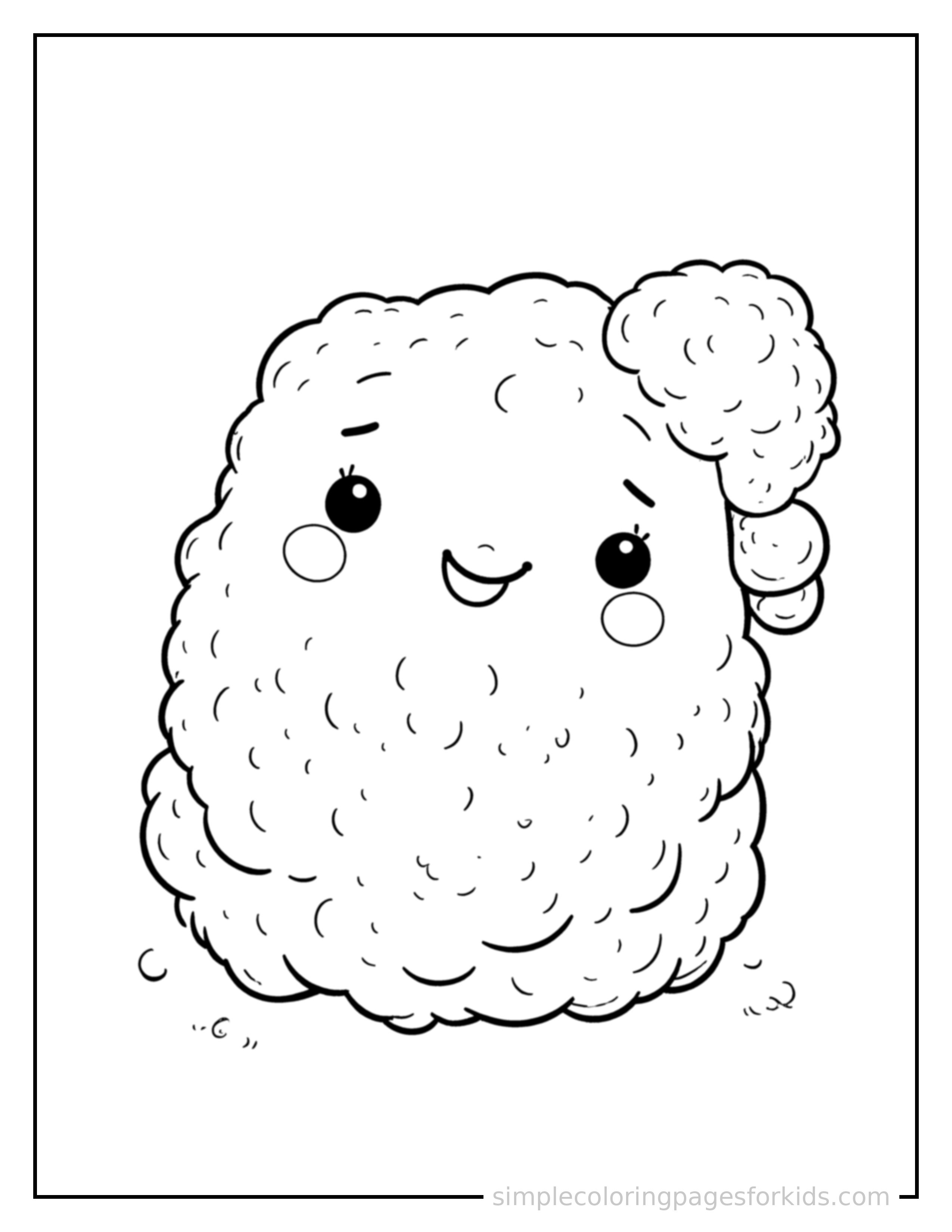 Free printable sushi roll coloring page featuring a cute sushi roll, shown as a simple central illustration with a cute smiling face.