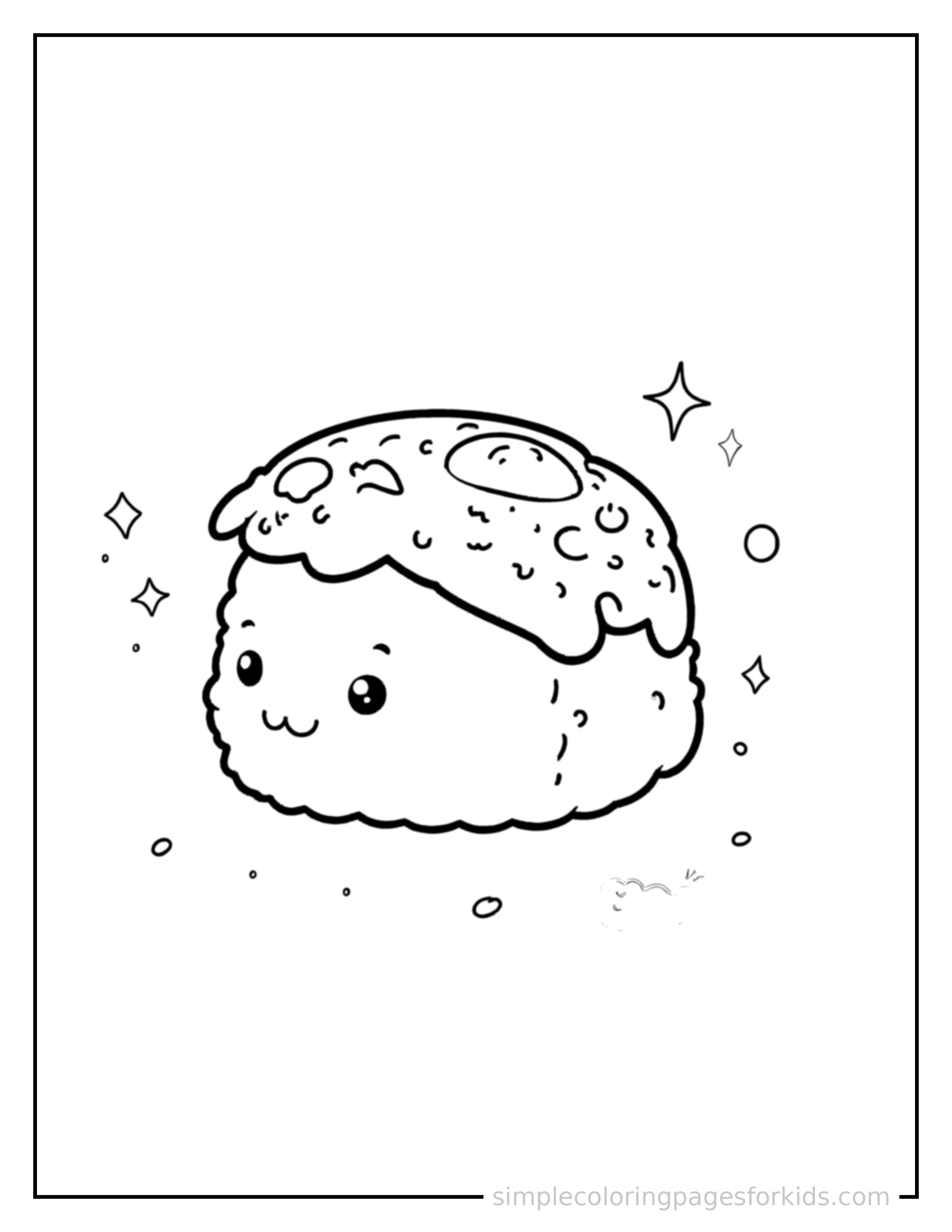 Free printable sushi roll coloring page featuring a cute sushi roll, shown from a slightly different angle with small decorative sparkle marks nearby.