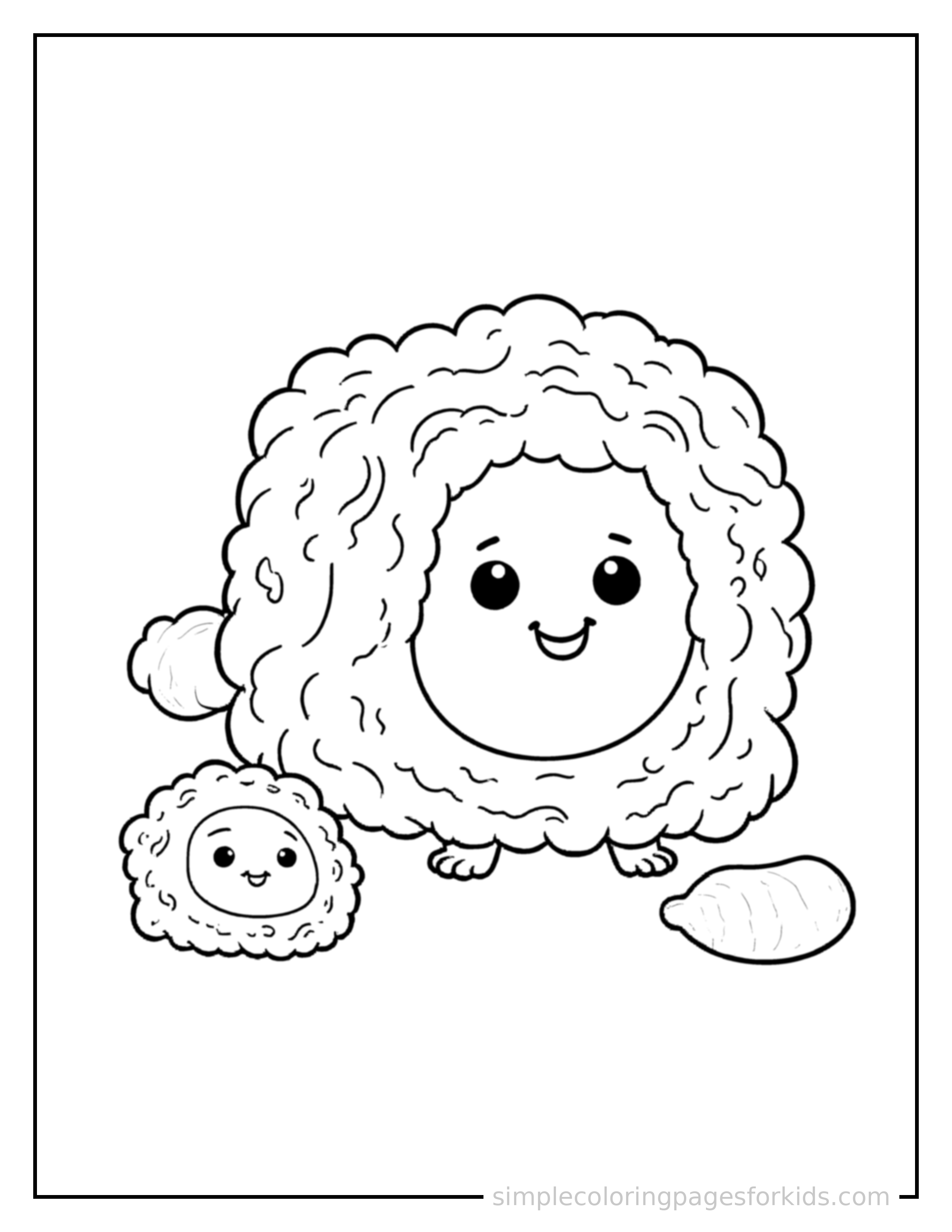 Free printable sushi roll coloring page featuring a cute sushi roll, shown with a smaller mini version of itself beside it.