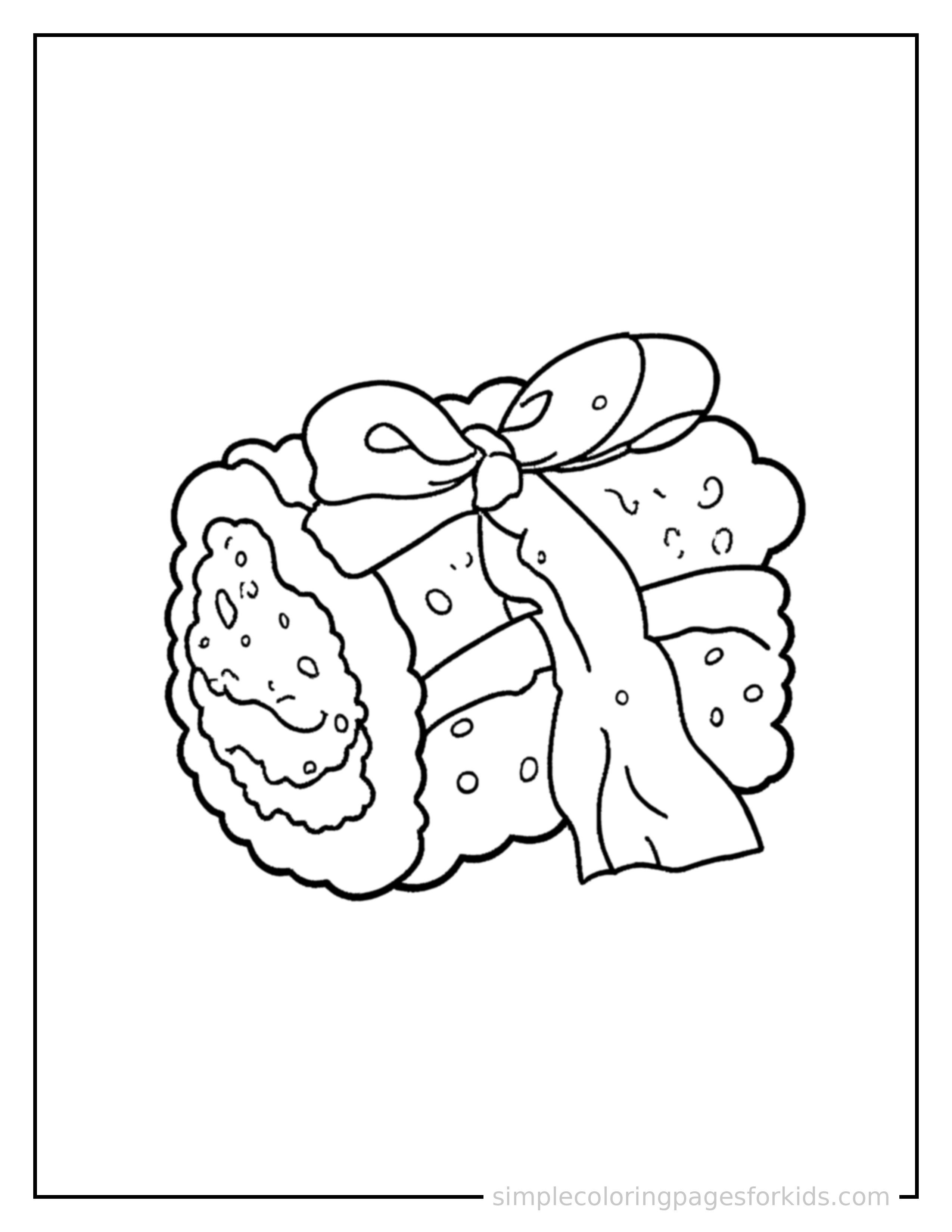 Free printable sushi roll coloring page featuring a cute sushi roll, decorated with a simple bow or ribbon for a festive touch.