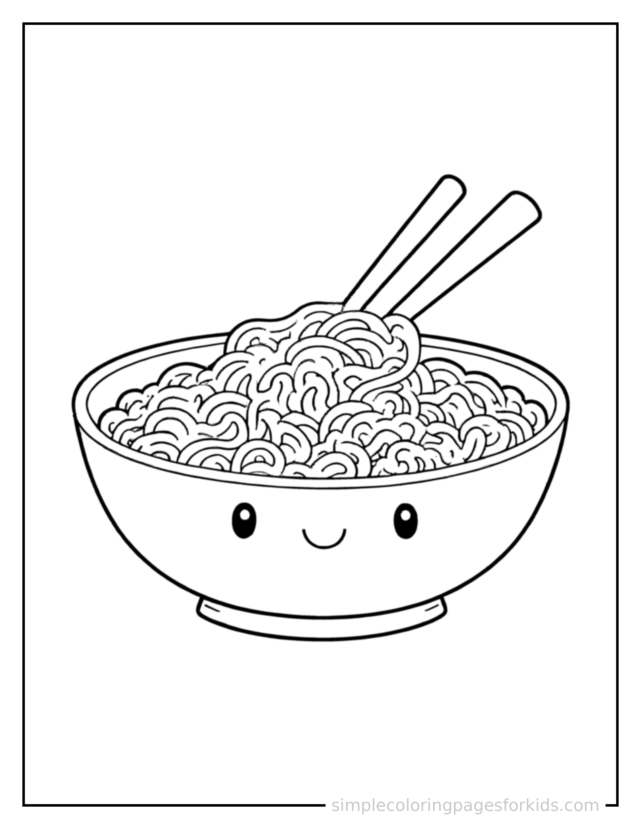 Free printable bowl of ramen noodles coloring page featuring a cute bowl of ramen noodles, shown as a simple central illustration with a cute smiling face.