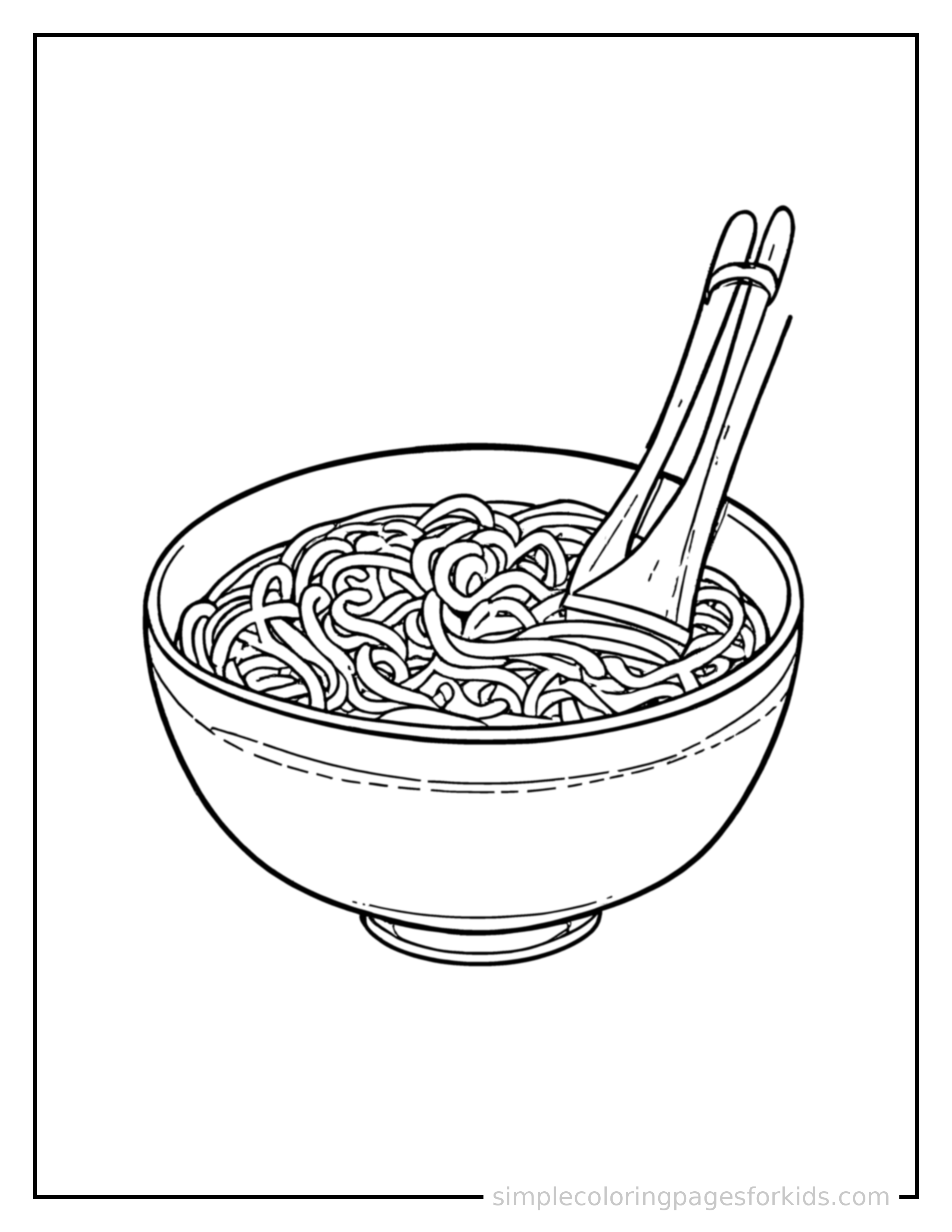 Free printable bowl of ramen noodles coloring page featuring a cute bowl of ramen noodles, shown with a smaller mini version of itself beside it.