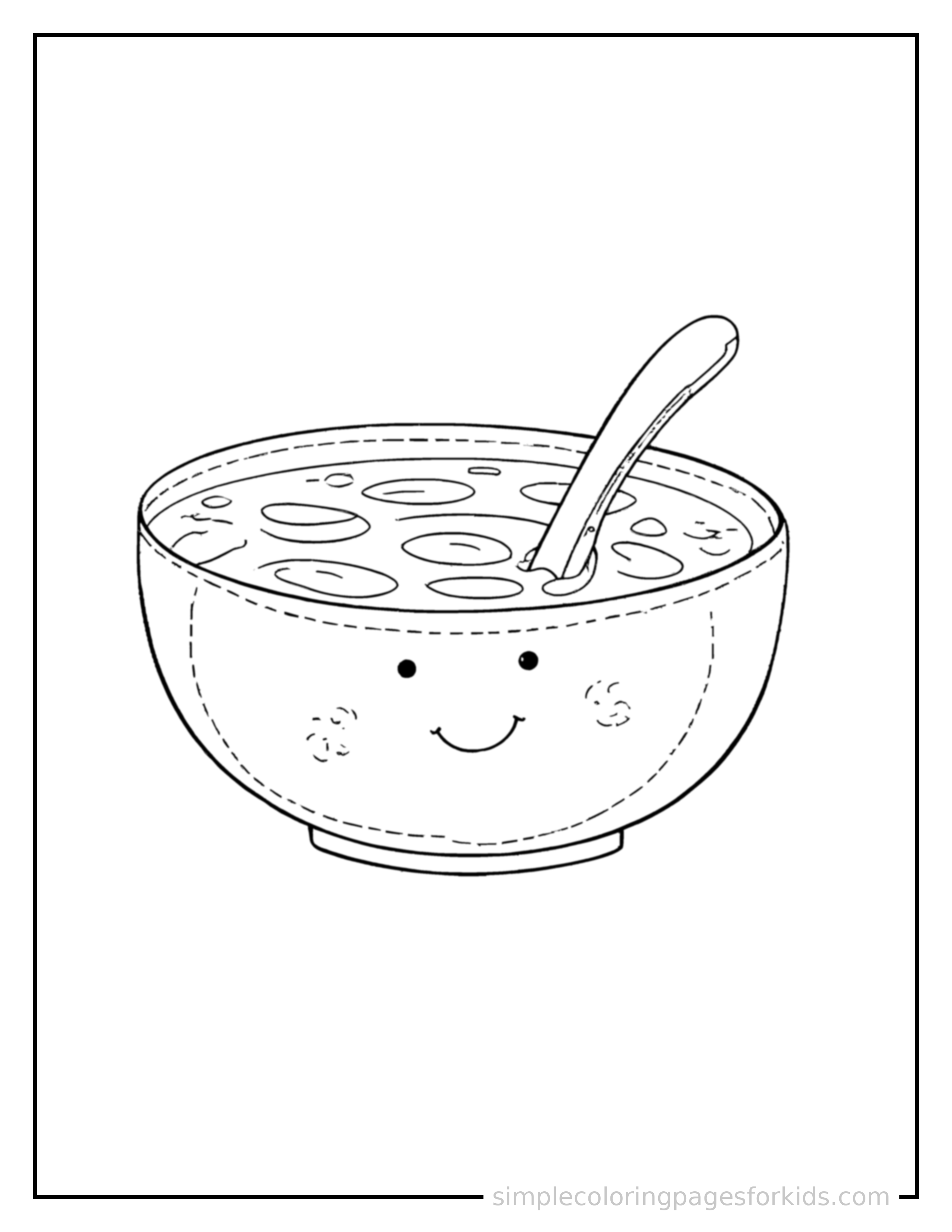 Free printable bowl of soup with a spoon coloring page featuring a cute bowl of soup with a spoon, shown as a simple central illustration with a cute smiling face.