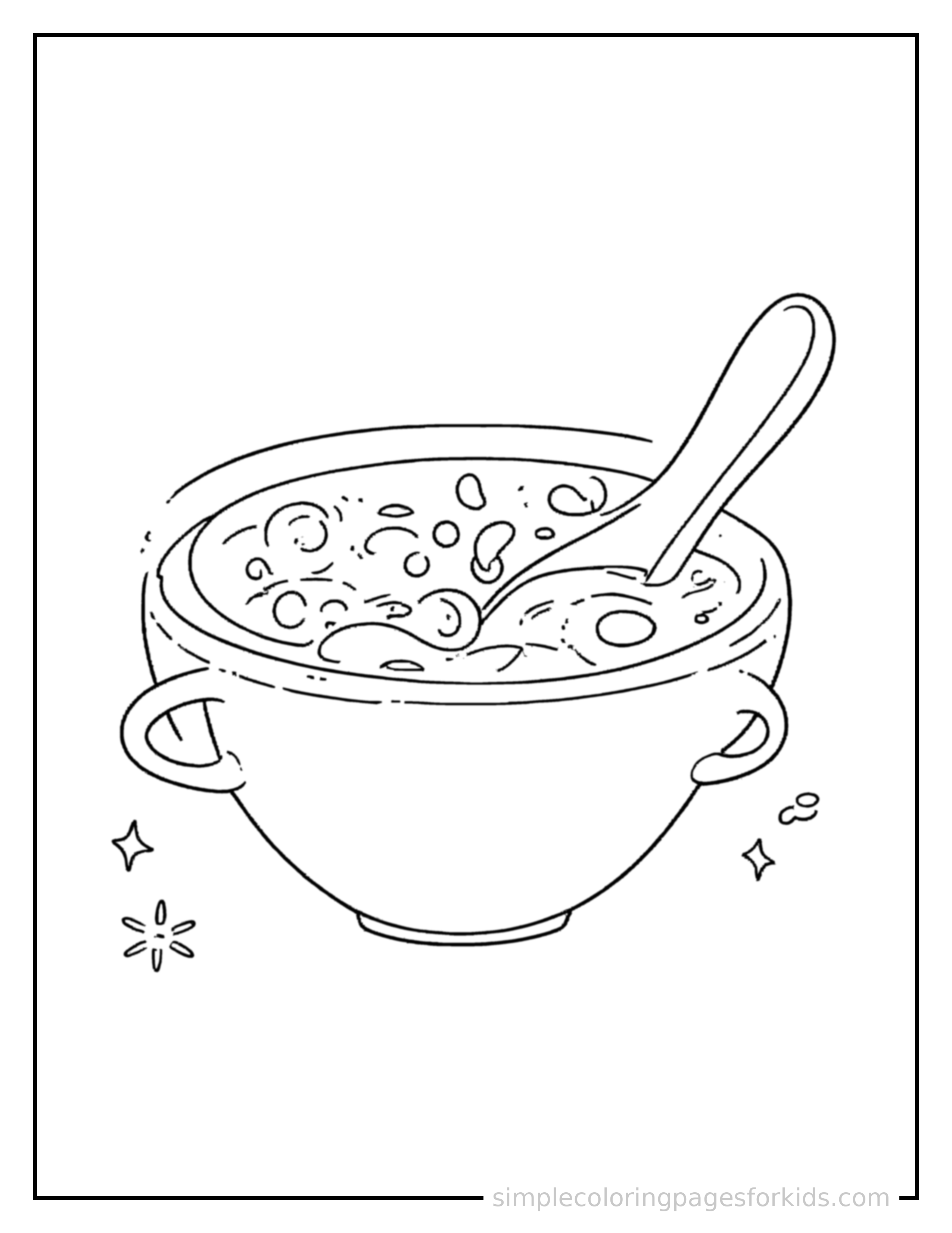 Free printable bowl of soup with a spoon coloring page featuring a cute bowl of soup with a spoon, shown from a slightly different angle with small decorative sparkle marks nearby.