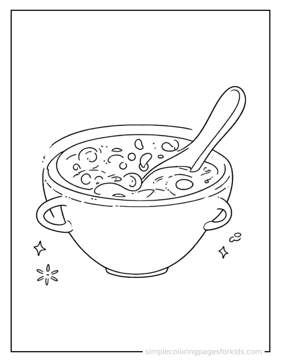 Sparkling Bowl Of Soup With A Spoon Coloring Page