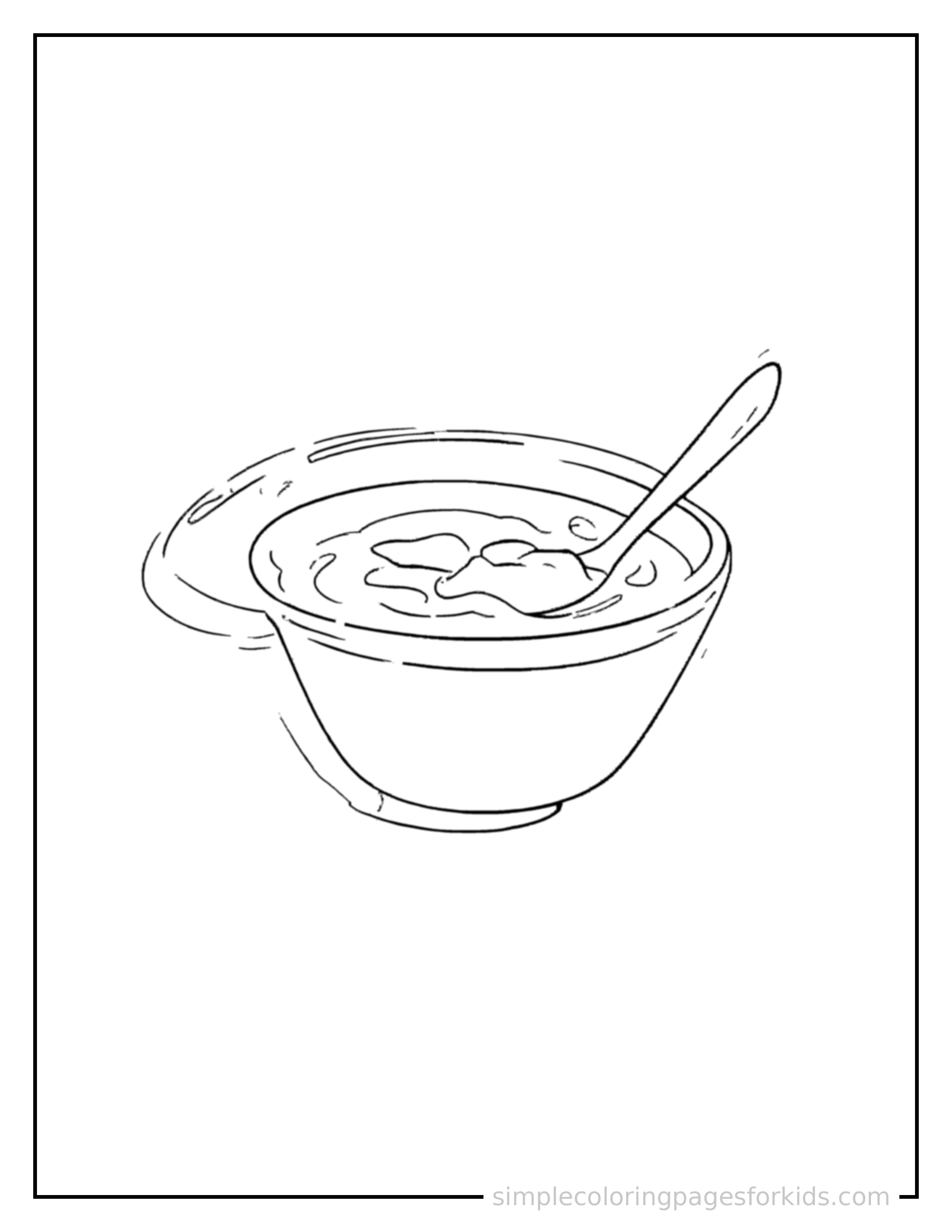 Free printable bowl of soup with a spoon coloring page featuring a cute bowl of soup with a spoon, shown with a smaller mini version of itself beside it.
