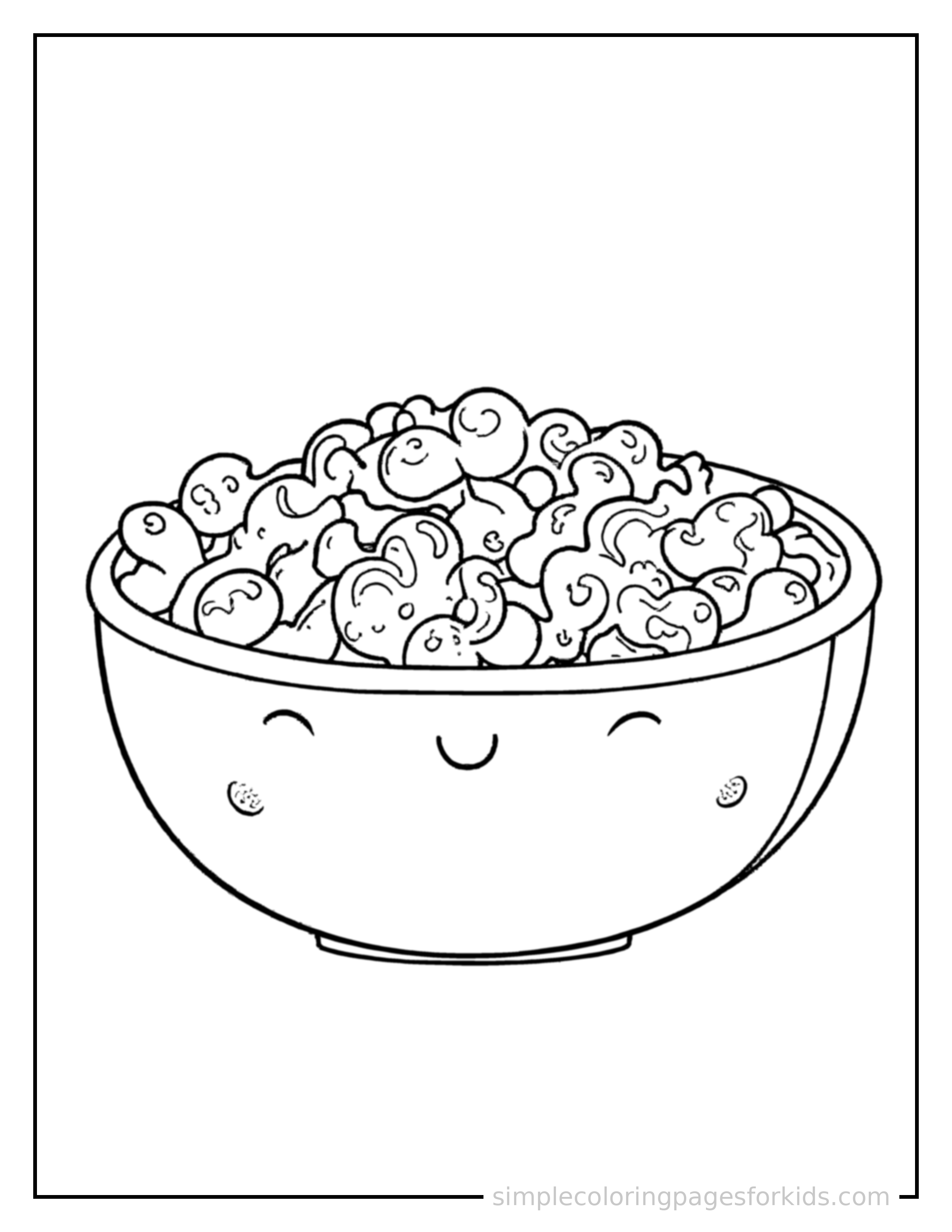 Free printable bowl of fresh salad coloring page featuring a cute bowl of fresh salad, shown as a simple central illustration with a cute smiling face.