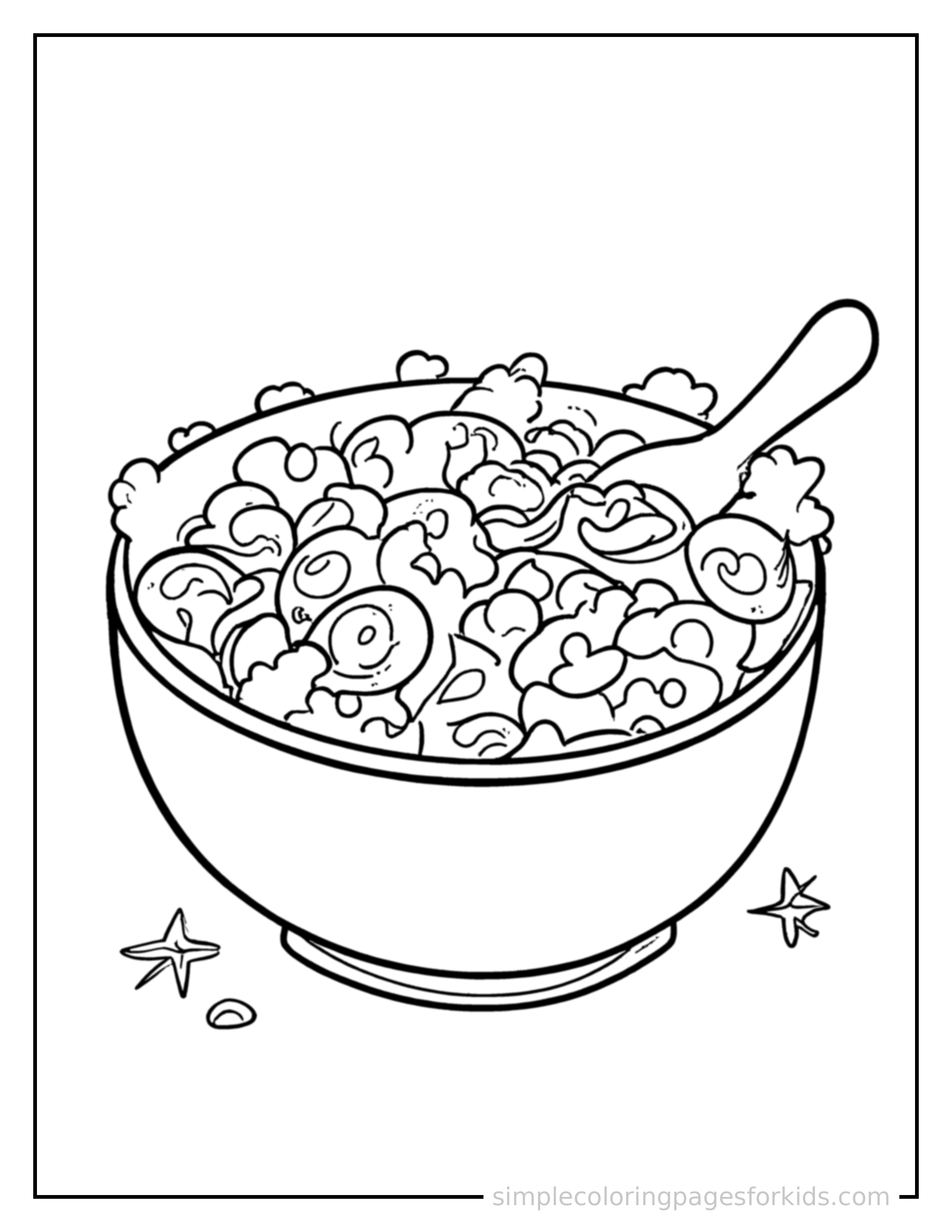 Free printable bowl of fresh salad coloring page featuring a cute bowl of fresh salad, shown from a slightly different angle with small decorative sparkle marks nearby.