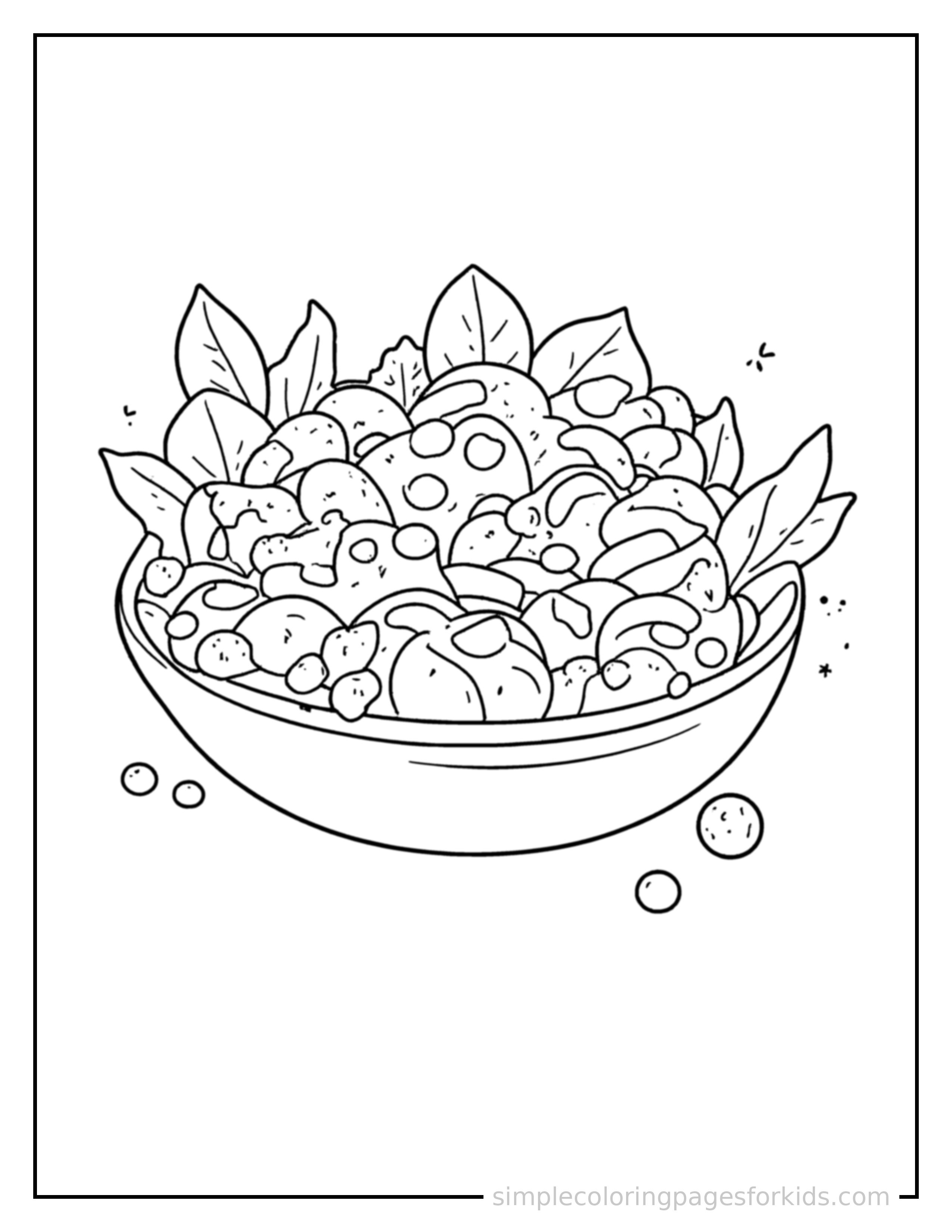 Free printable bowl of fresh salad coloring page featuring a cute bowl of fresh salad, shown with a smaller mini version of itself beside it.