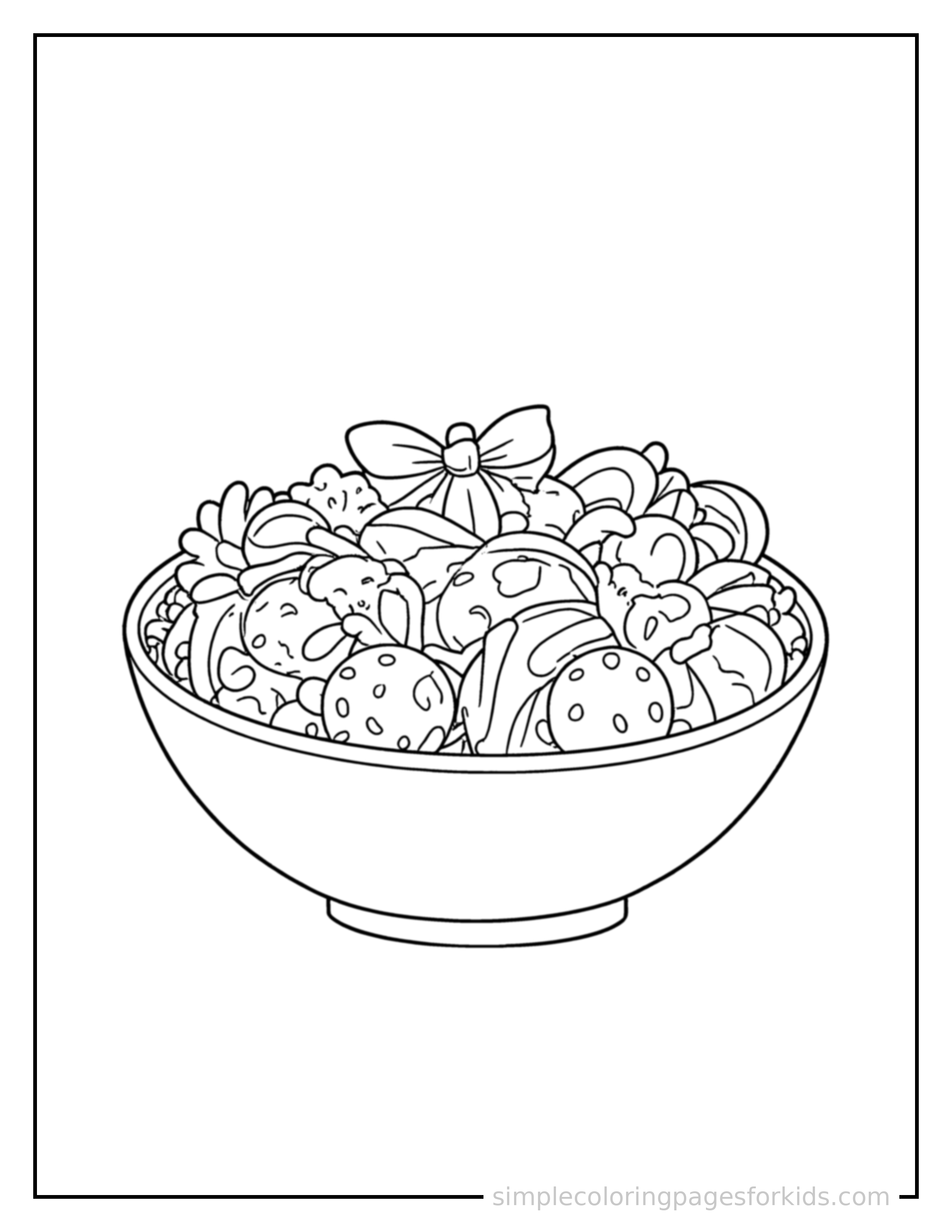 Free printable bowl of fresh salad coloring page featuring a cute bowl of fresh salad, decorated with a simple bow or ribbon for a festive touch.
