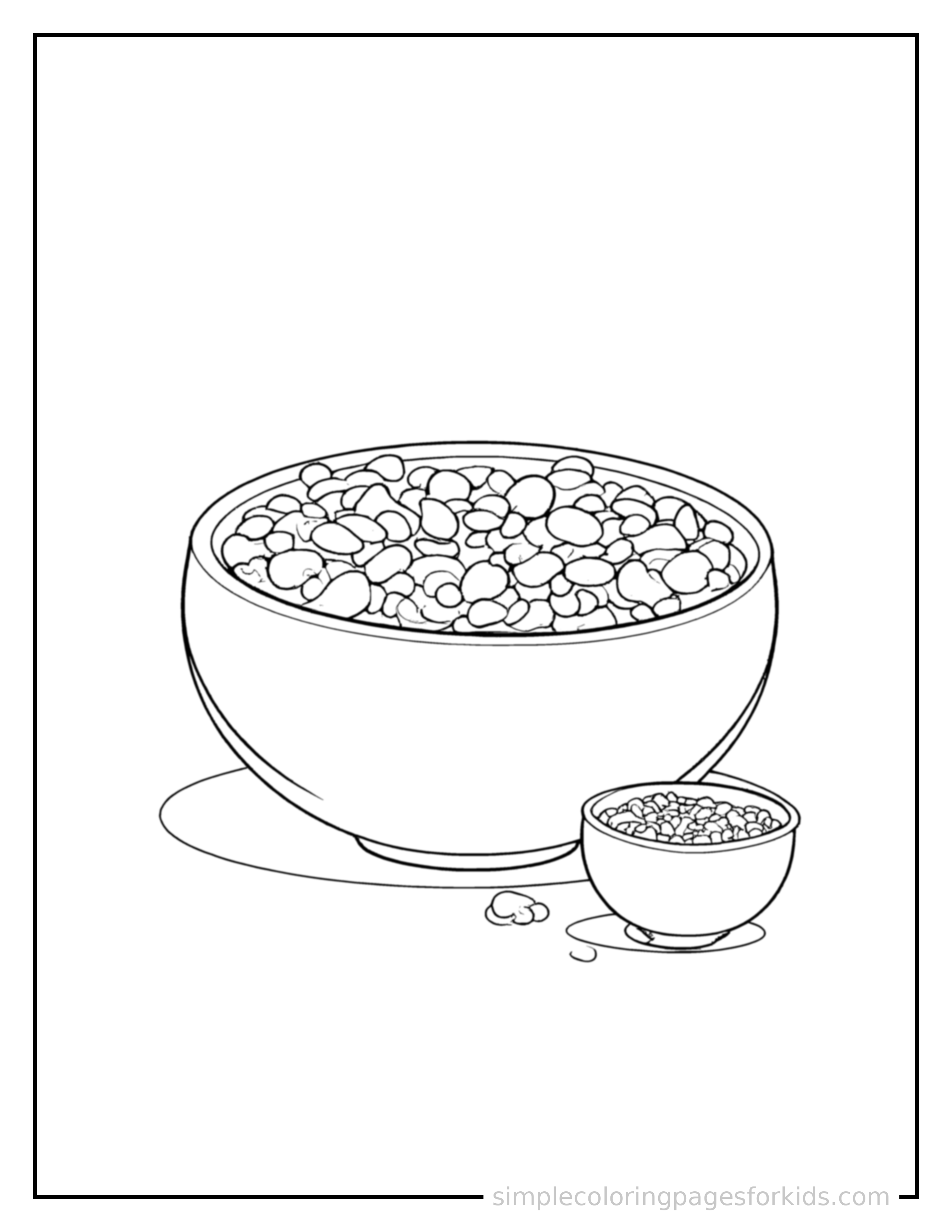 Free printable bowl of cereal with milk coloring page featuring a cute bowl of cereal with milk, shown with a smaller mini version of itself beside it.