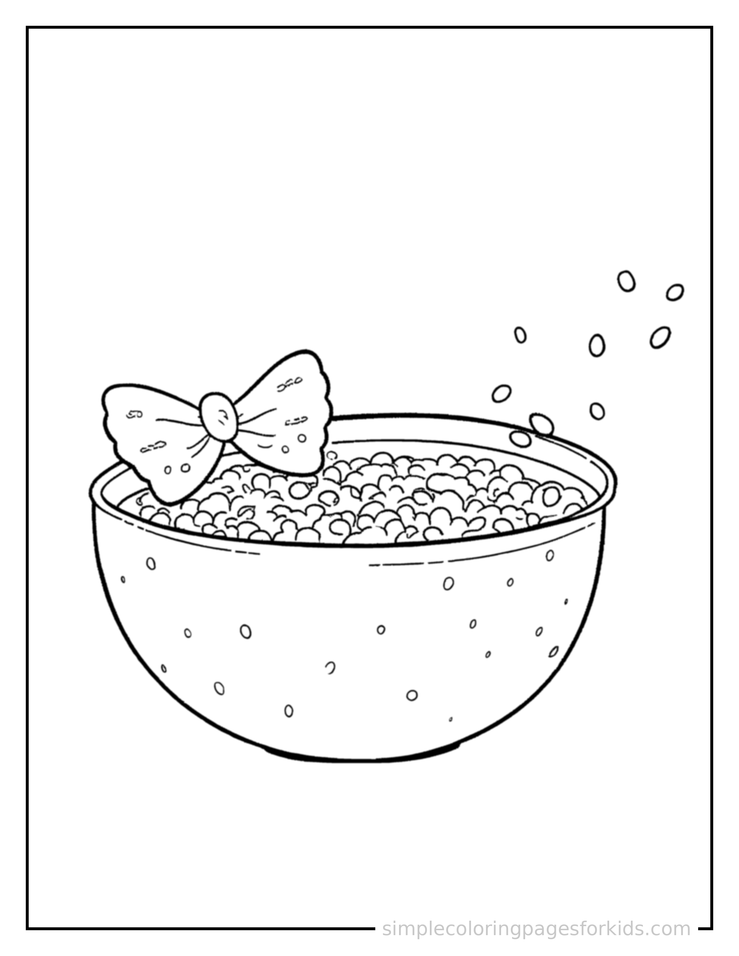 Free printable bowl of cereal with milk coloring page featuring a cute bowl of cereal with milk, decorated with a simple bow or ribbon for a festive touch.