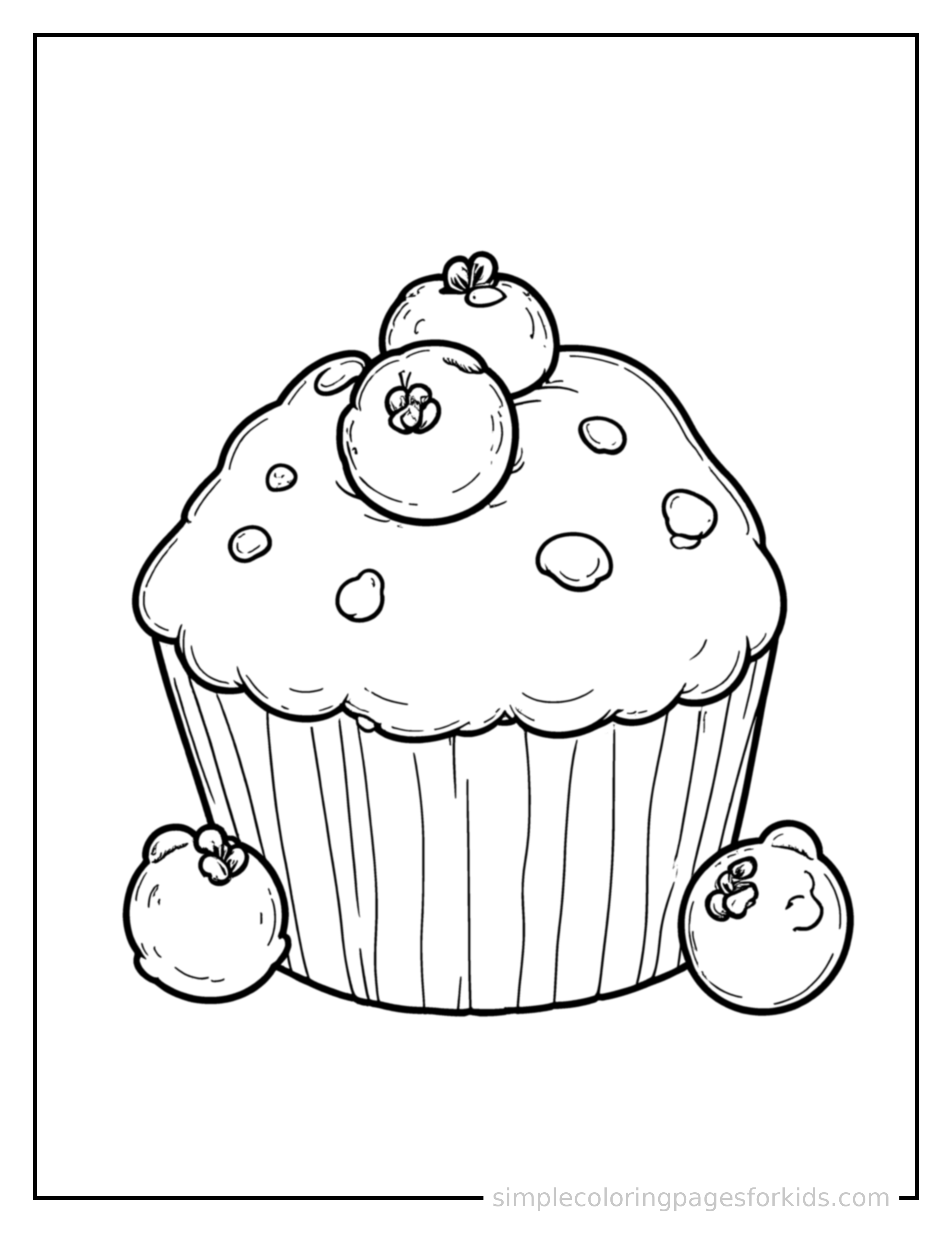 Free printable blueberry muffin coloring page featuring a cute blueberry muffin, shown with a smaller mini version of itself beside it.