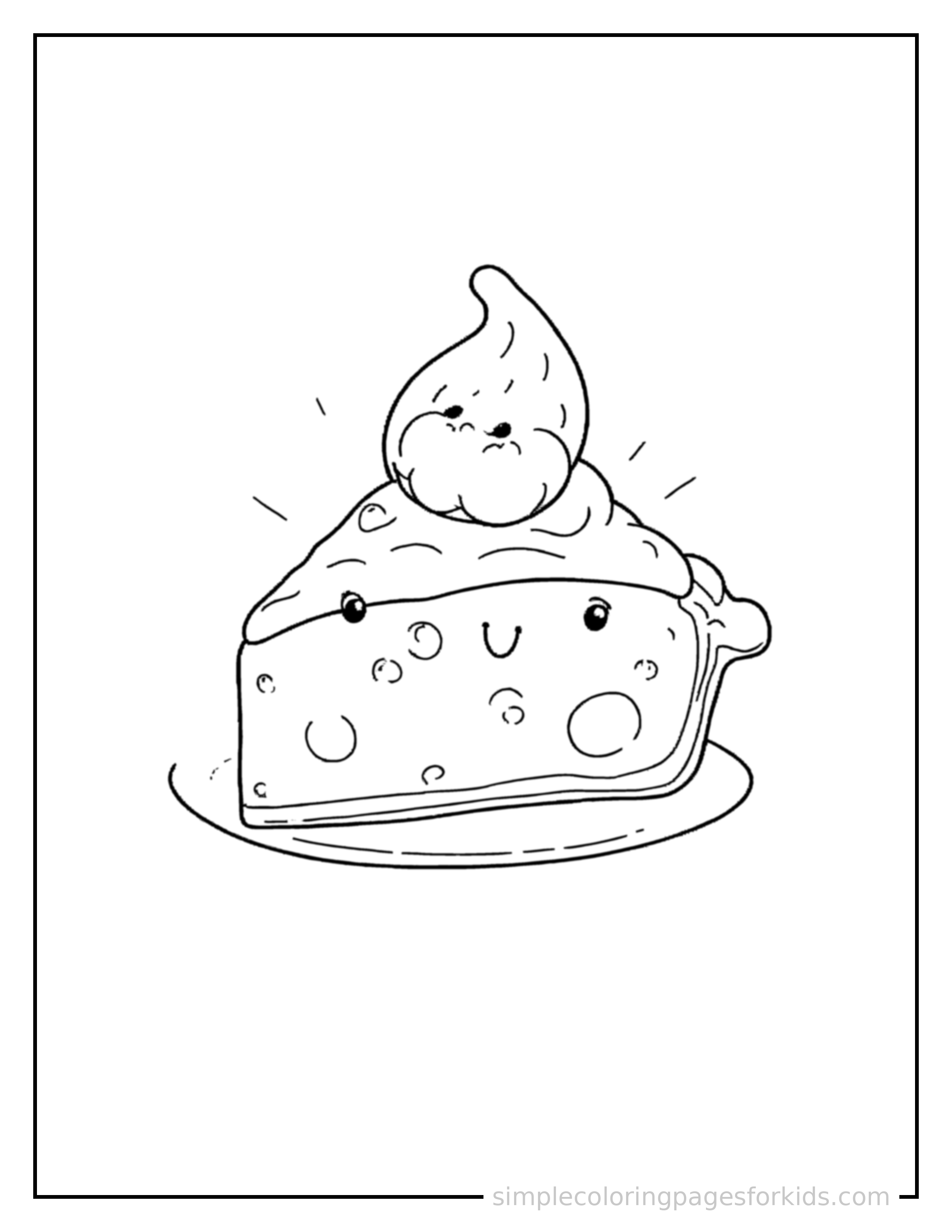 Free printable slice of fruit pie coloring page featuring a cute slice of fruit pie, shown as a simple central illustration with a cute smiling face.