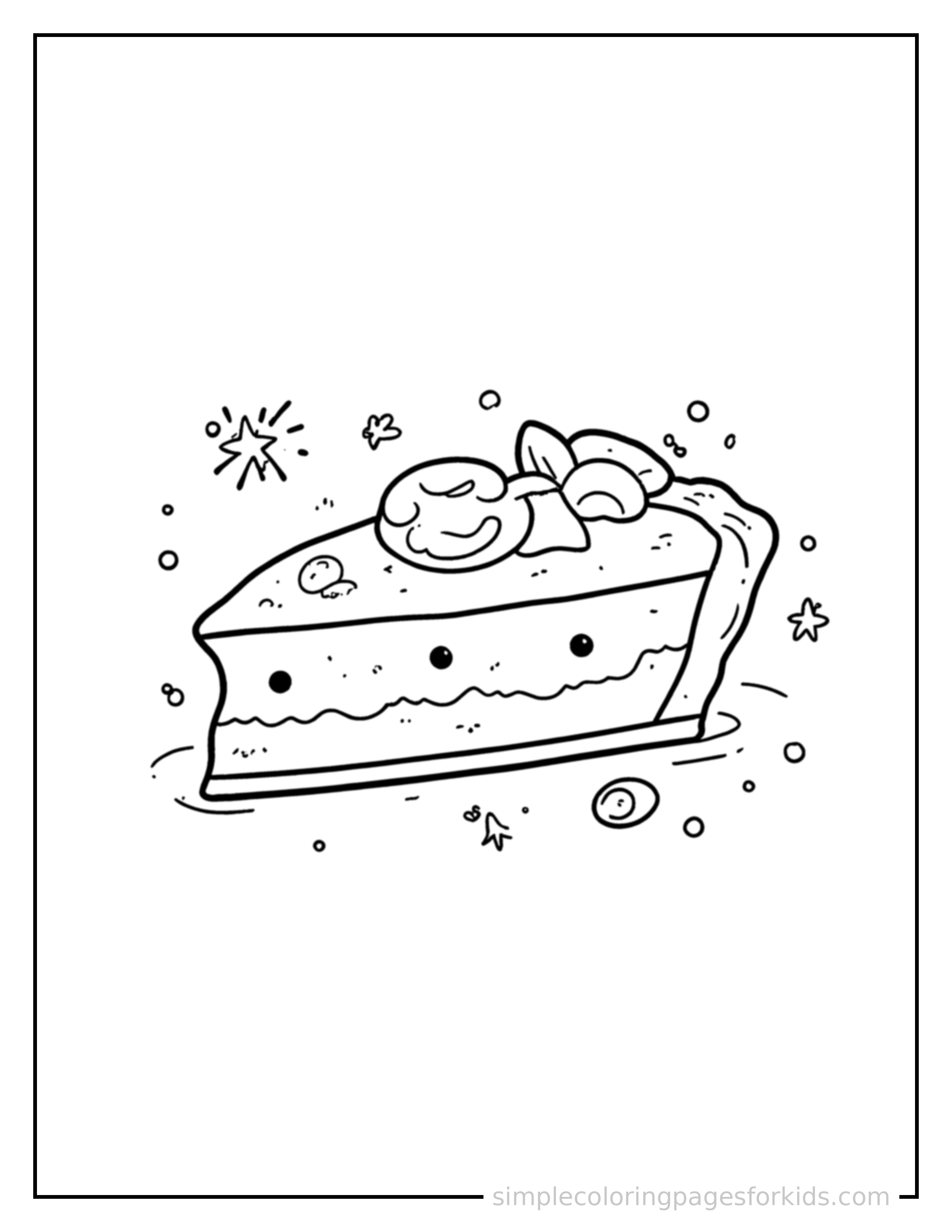 Free printable slice of fruit pie coloring page featuring a cute slice of fruit pie, shown from a slightly different angle with small decorative sparkle marks nearby.