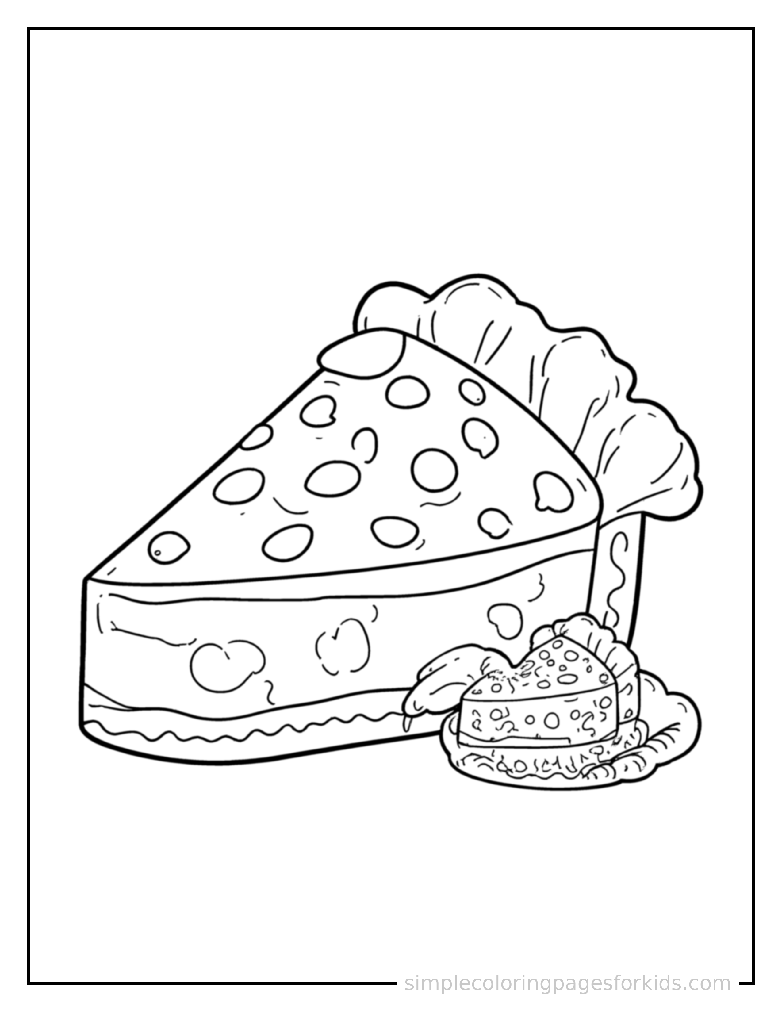Free printable slice of fruit pie coloring page featuring a cute slice of fruit pie, shown with a smaller mini version of itself beside it.
