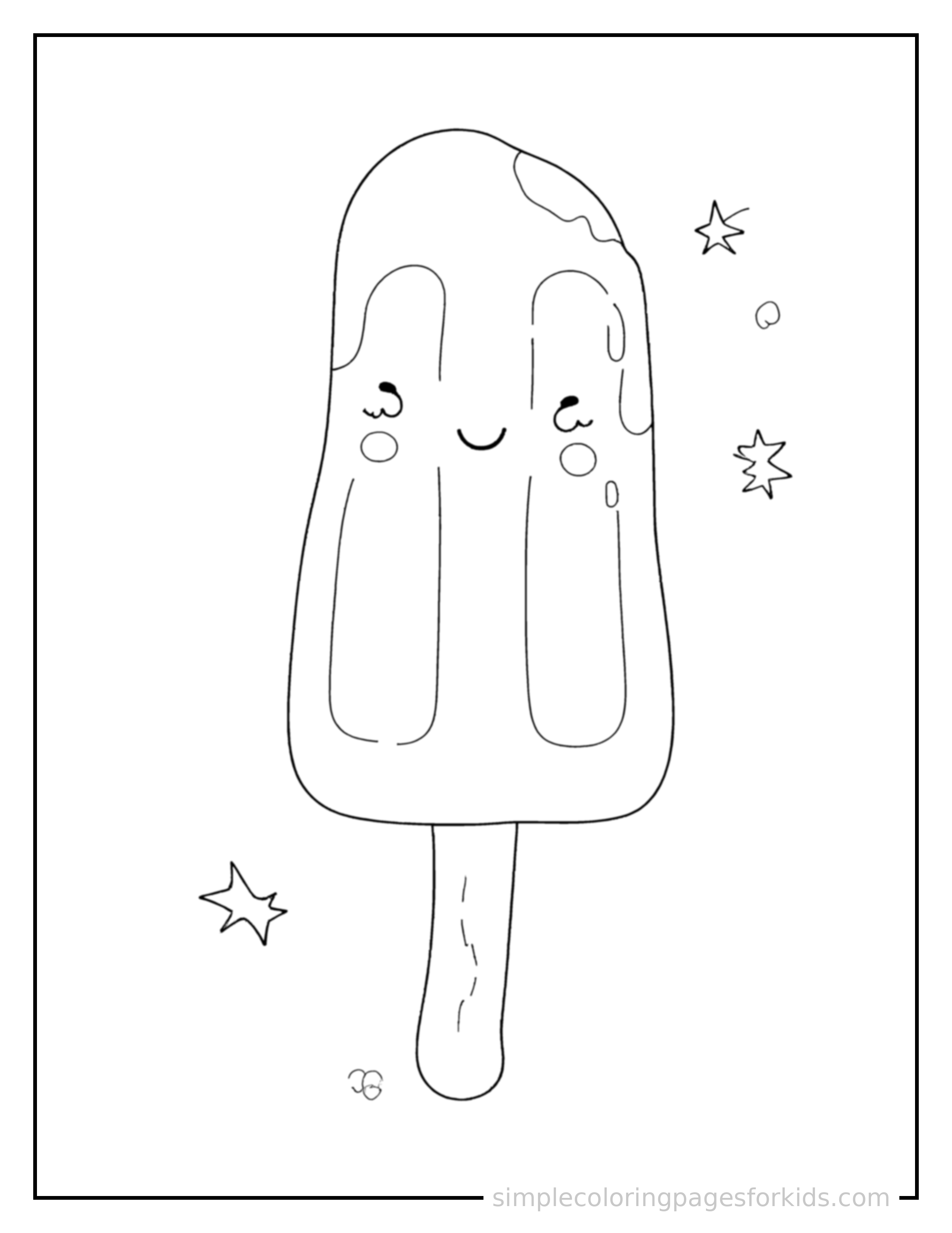 Free printable popsicle on a stick coloring page featuring a cute popsicle on a stick, shown from a slightly different angle with small decorative sparkle marks nearby.