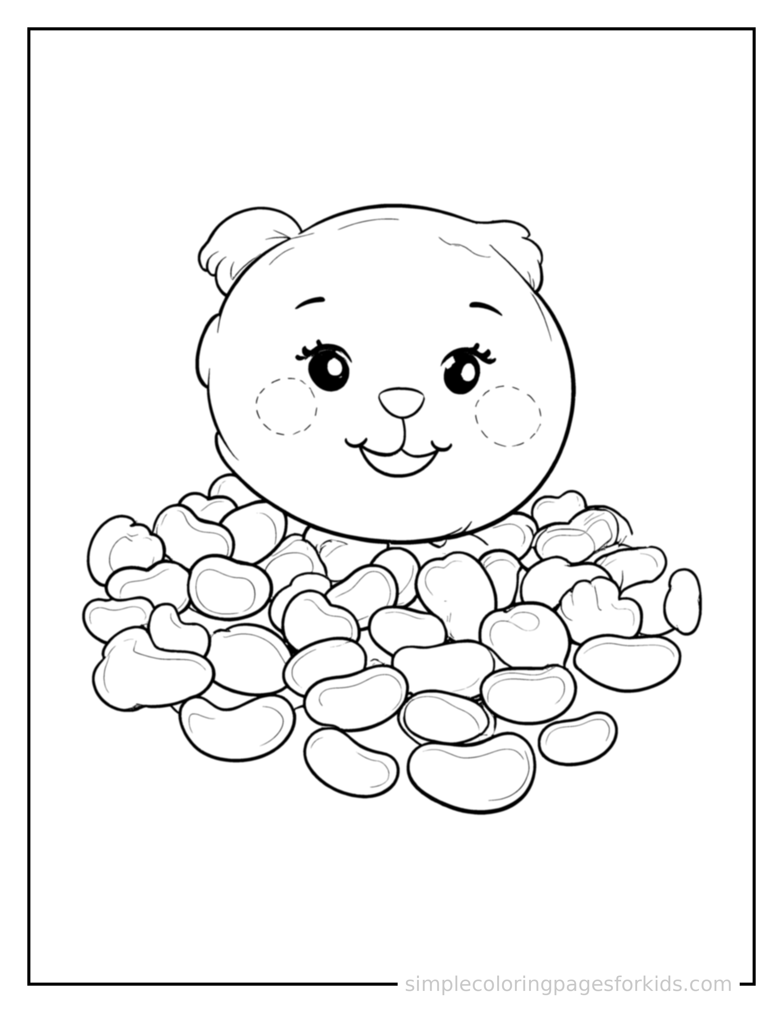 Free printable handful of jelly beans coloring page featuring a cute handful of jelly beans, shown as a simple central illustration with a cute smiling face.
