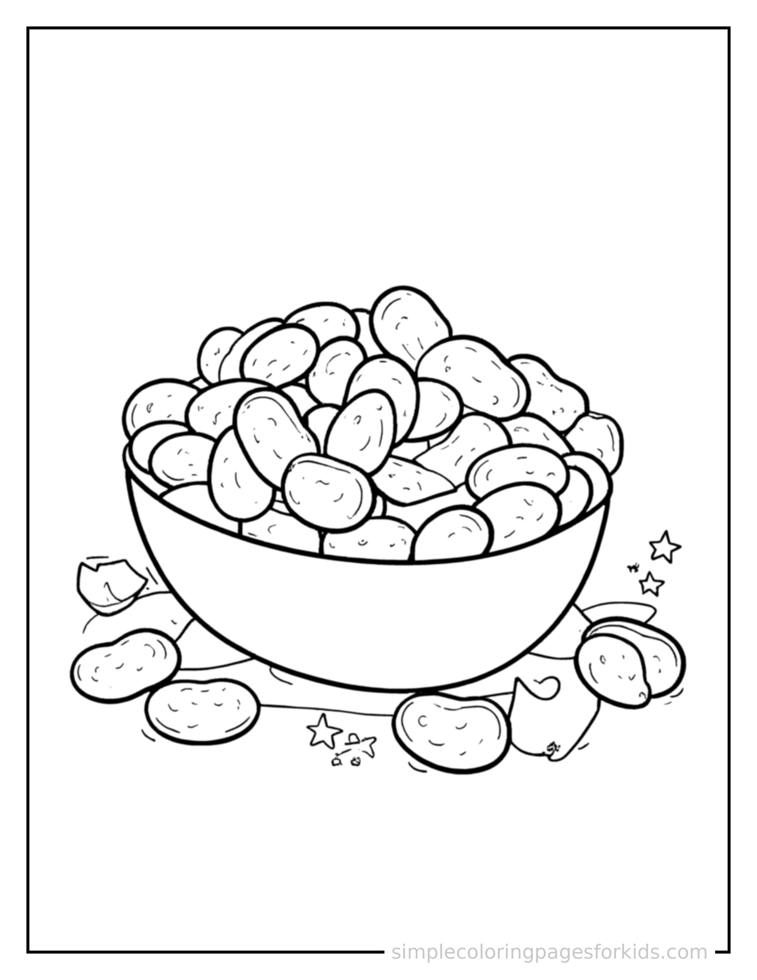 Free printable handful of jelly beans coloring page featuring a cute handful of jelly beans, shown from a slightly different angle with small decorative sparkle marks nearby.
