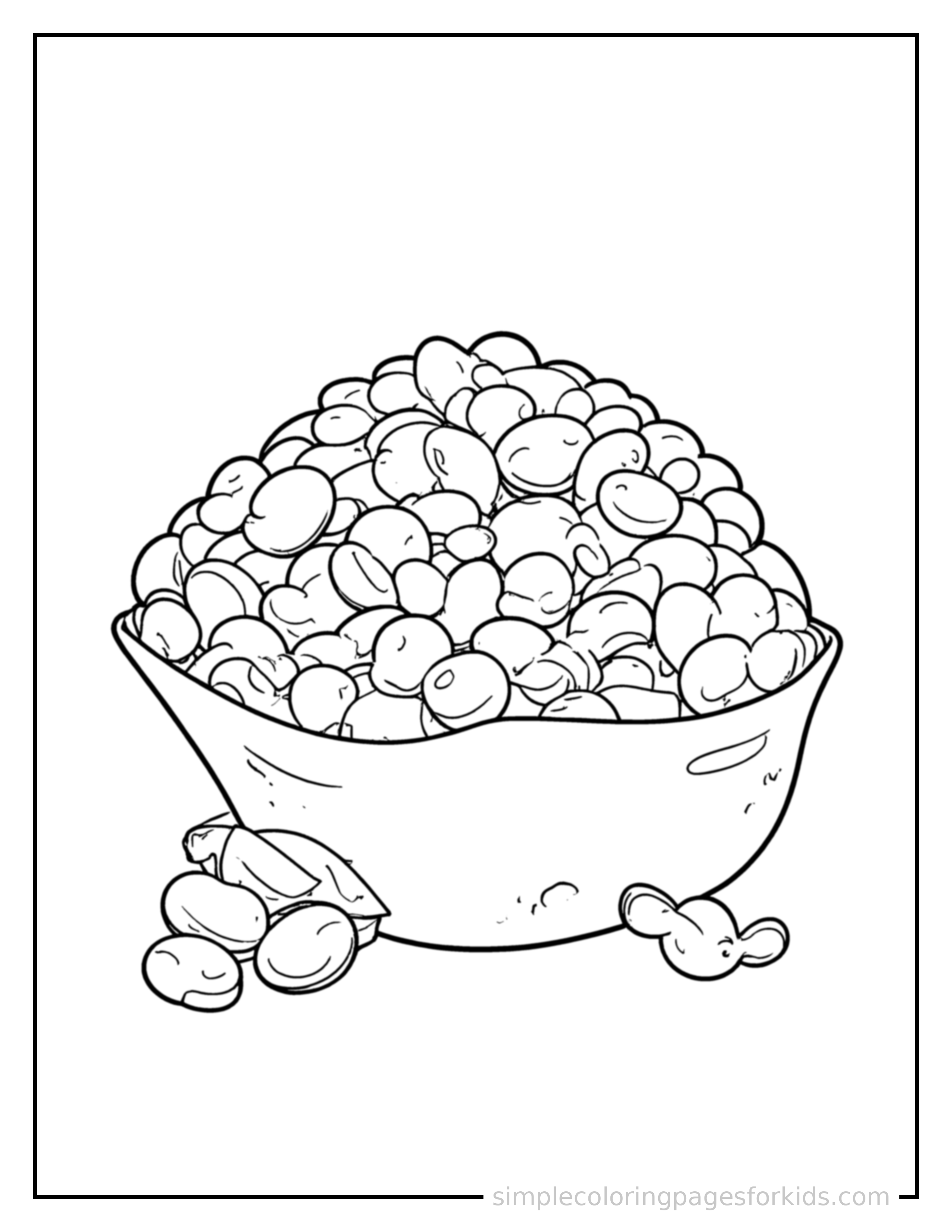 Free printable handful of jelly beans coloring page featuring a cute handful of jelly beans, shown with a smaller mini version of itself beside it.
