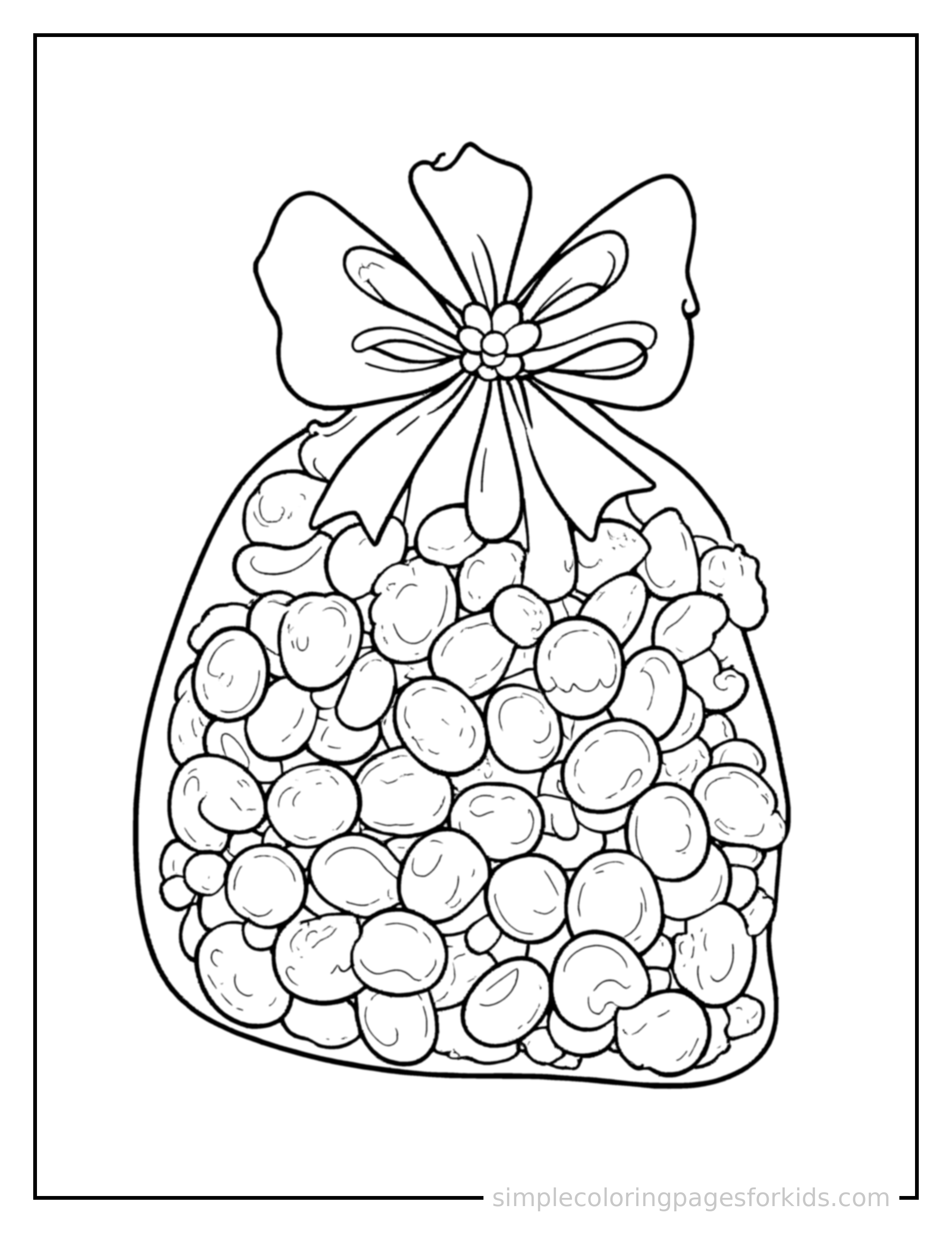 Free printable handful of jelly beans coloring page featuring a cute handful of jelly beans, decorated with a simple bow or ribbon for a festive touch.