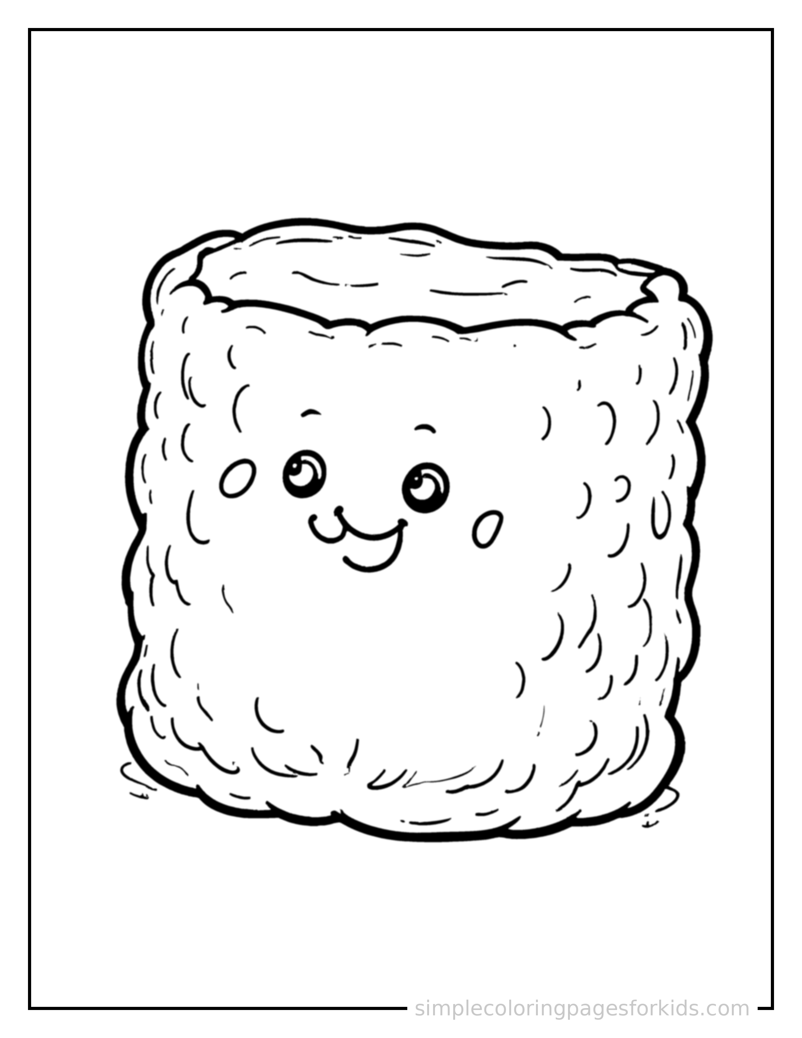 Free printable toasted marshmallow coloring page featuring a cute toasted marshmallow, shown as a simple central illustration with a cute smiling face.