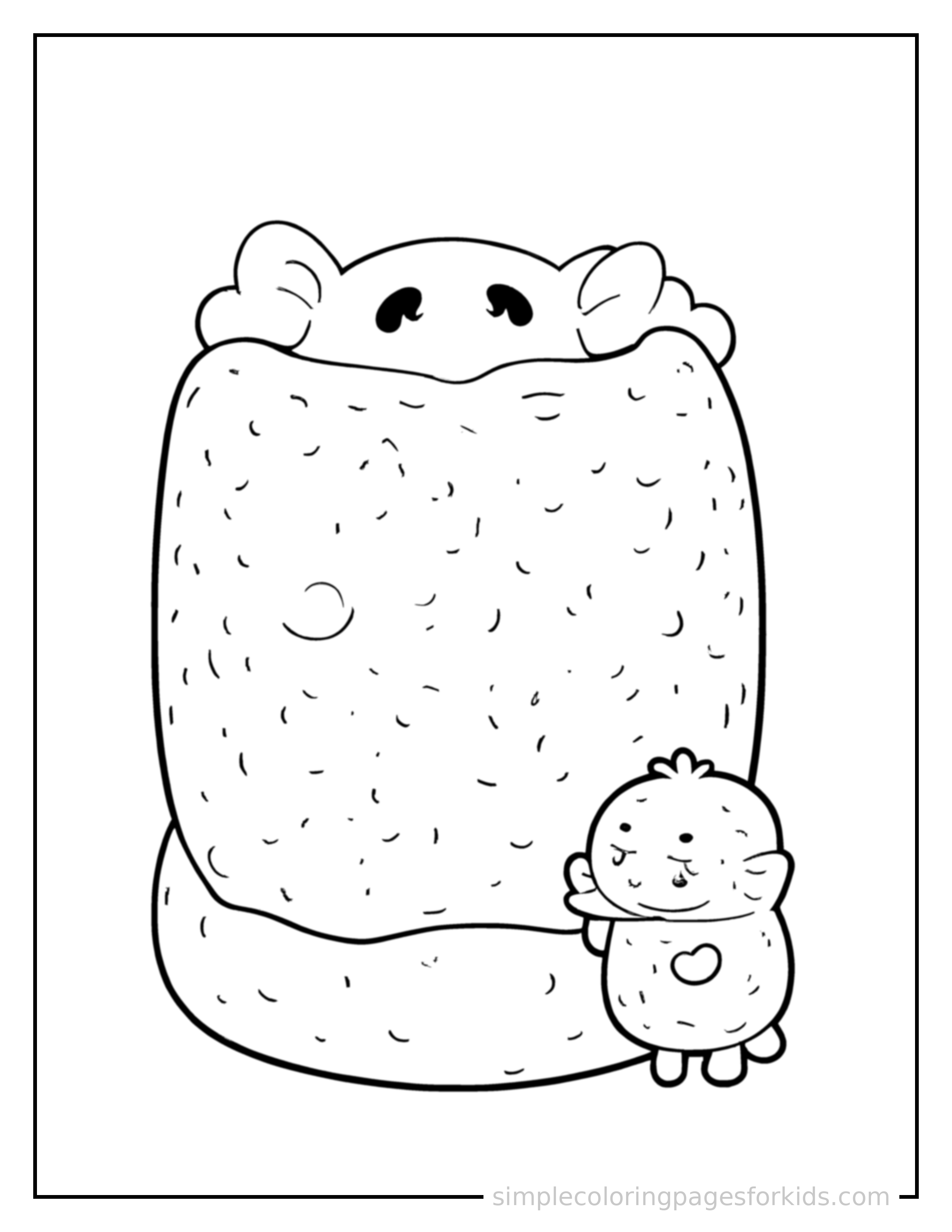 Free printable toasted marshmallow coloring page featuring a cute toasted marshmallow, shown with a smaller mini version of itself beside it.