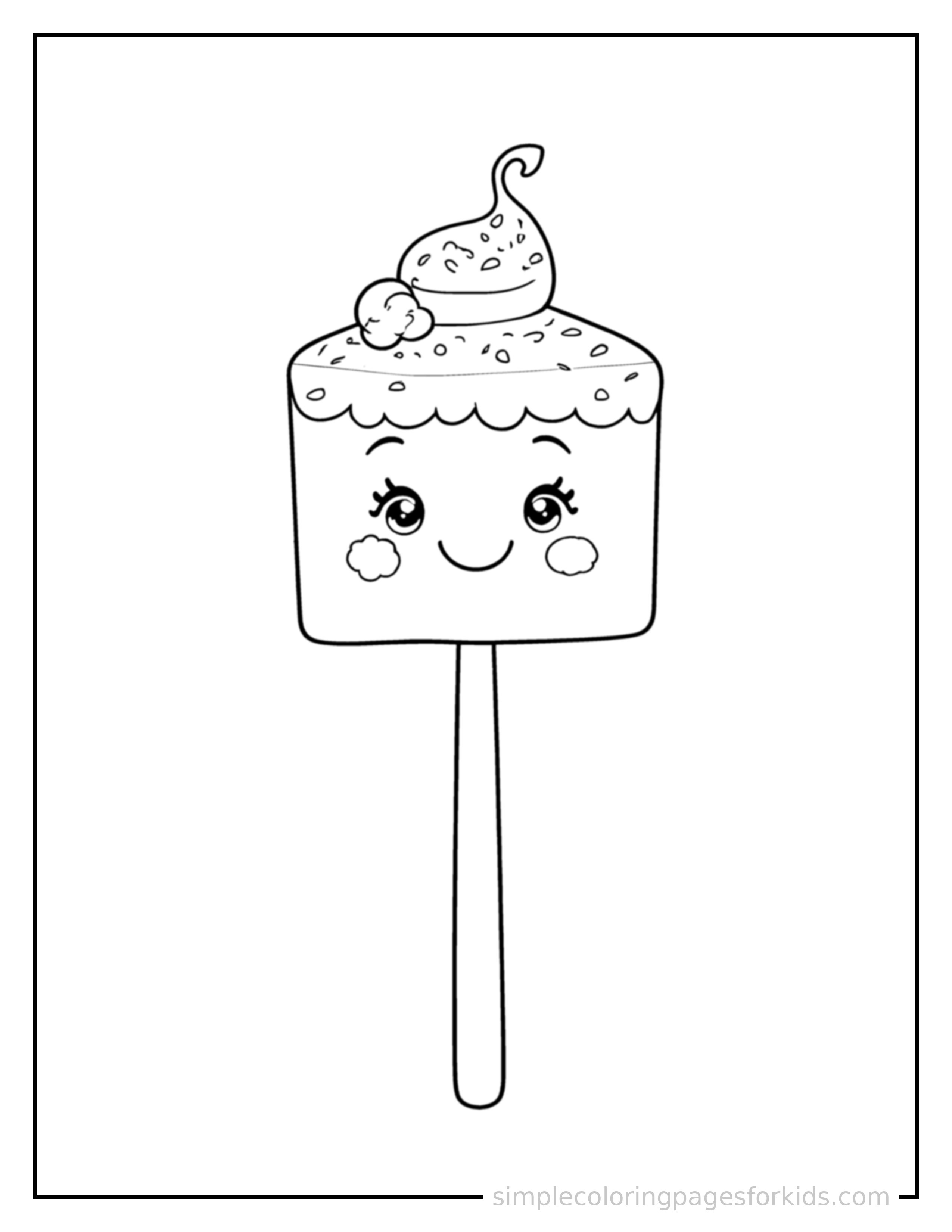 Free printable cake pop on a stick coloring page featuring a cute cake pop on a stick, shown as a simple central illustration with a cute smiling face.