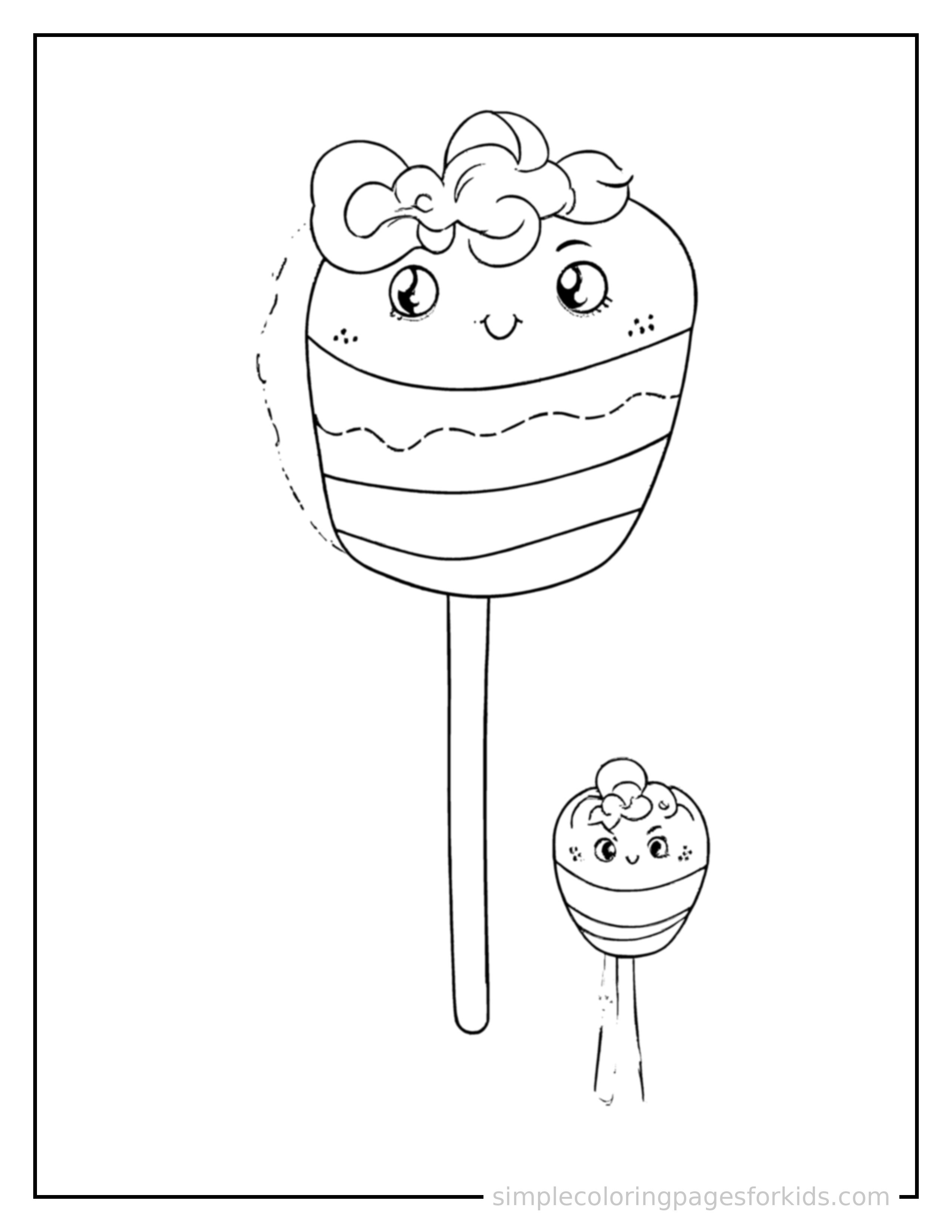 Free printable cake pop on a stick coloring page featuring a cute cake pop on a stick, shown with a smaller mini version of itself beside it.