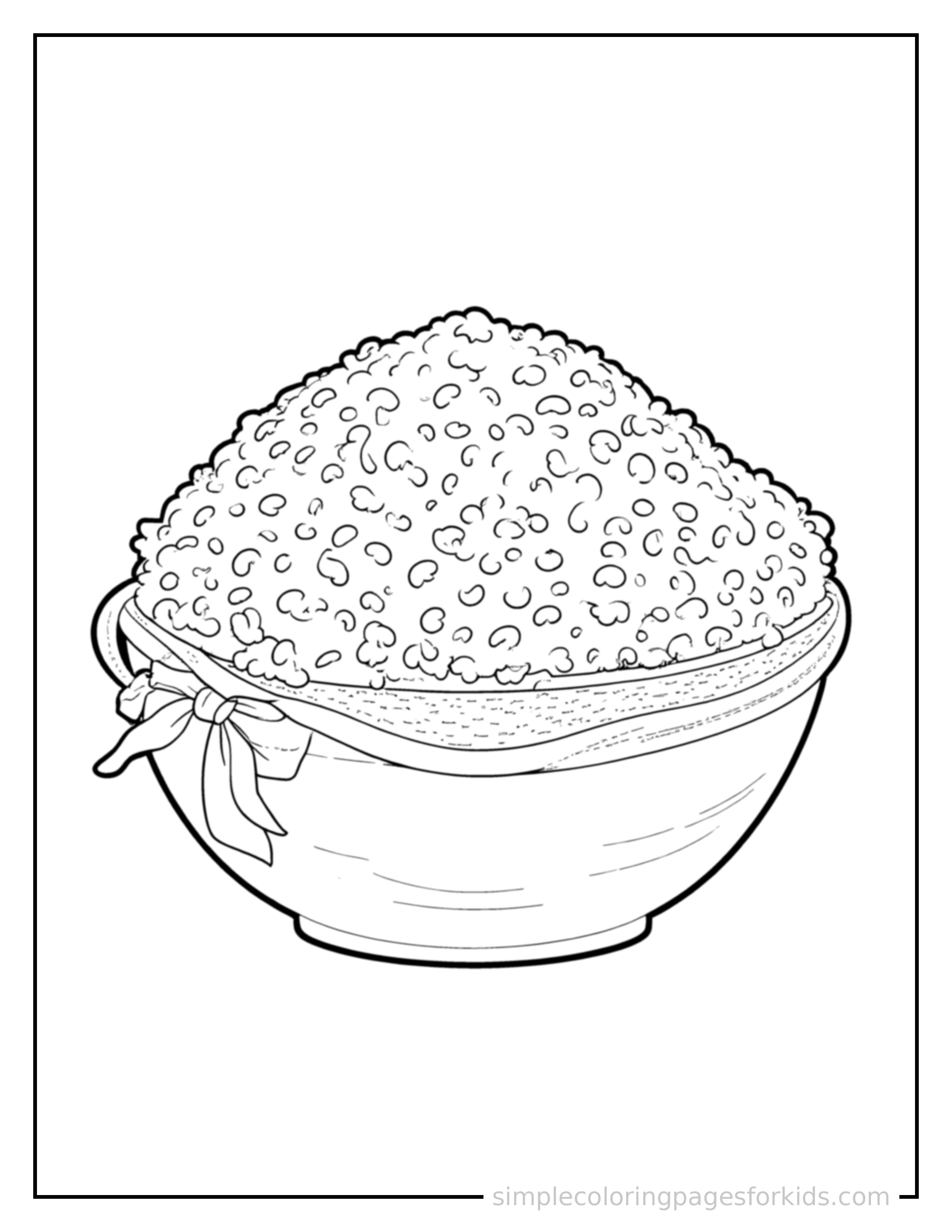 Free printable bowl of rice coloring page featuring a cute bowl of rice, decorated with a simple bow or ribbon for a festive touch.
