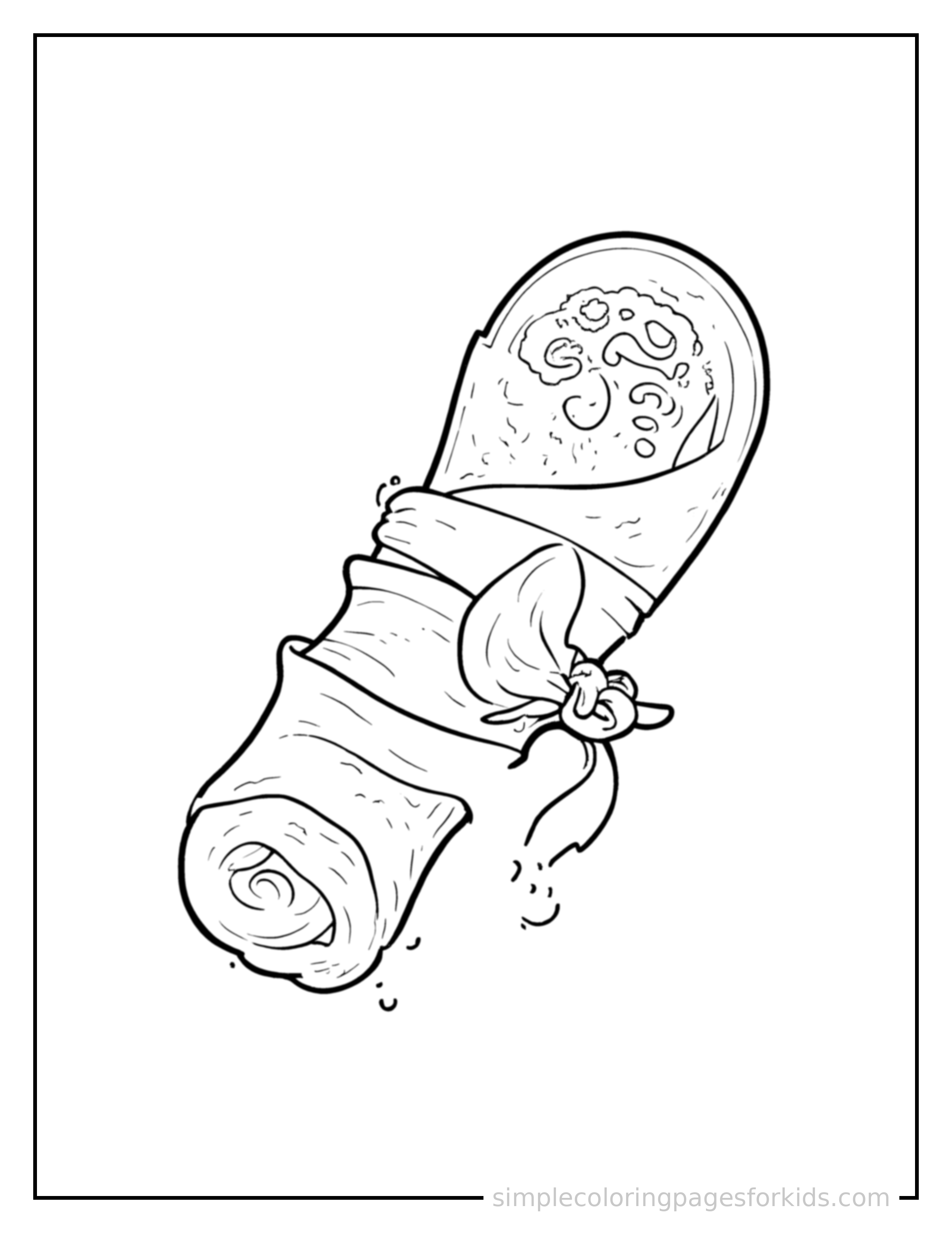 Free printable wrapped burrito coloring page featuring a cute wrapped burrito, decorated with a simple bow or ribbon for a festive touch.