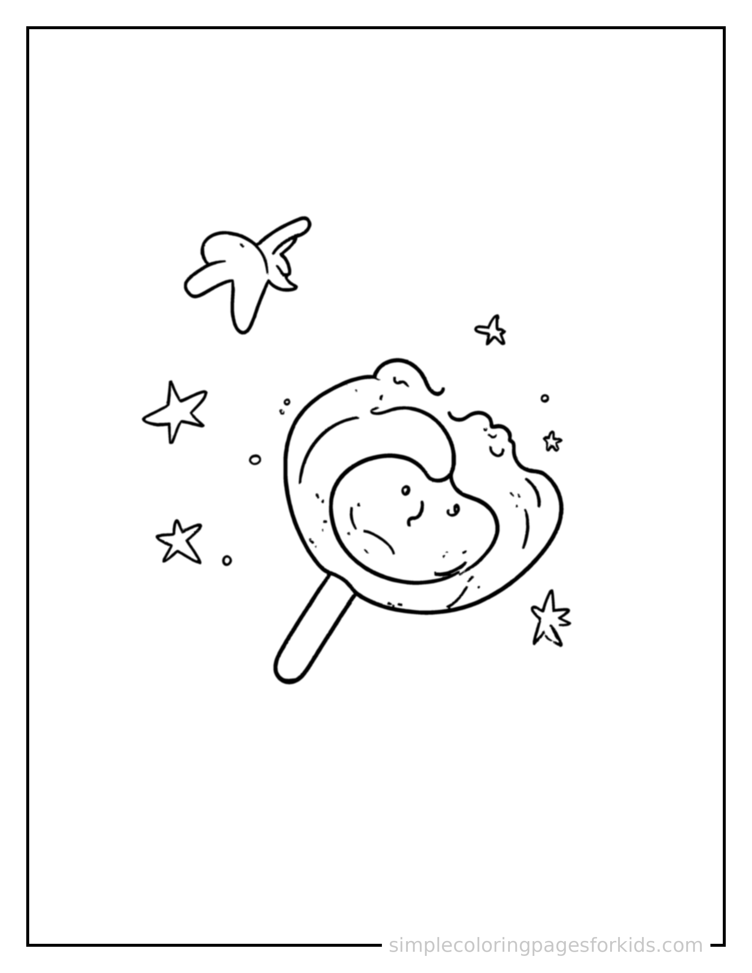 Free printable pretzel stick coloring page featuring a cute pretzel stick, shown from a slightly different angle with small decorative sparkle marks nearby.