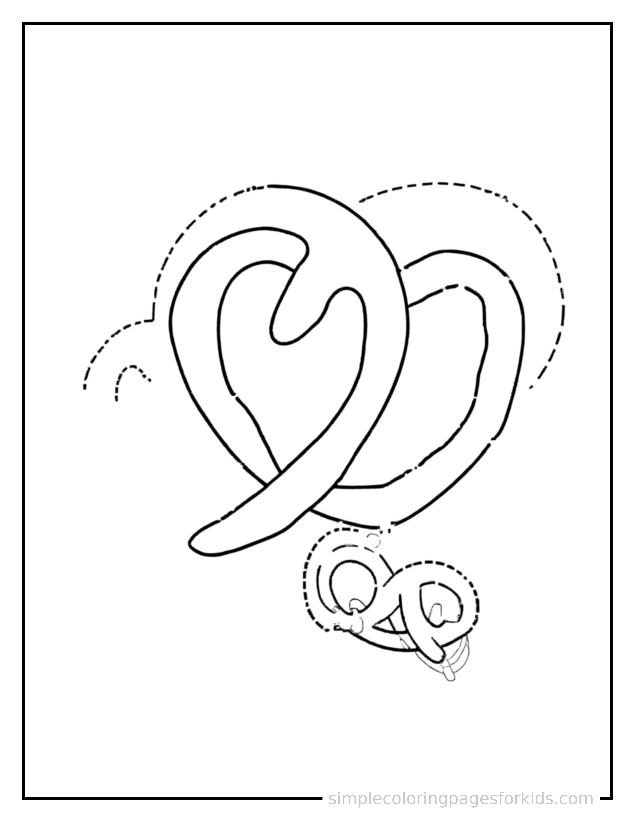 Free printable pretzel stick coloring page featuring a cute pretzel stick, shown with a smaller mini version of itself beside it.