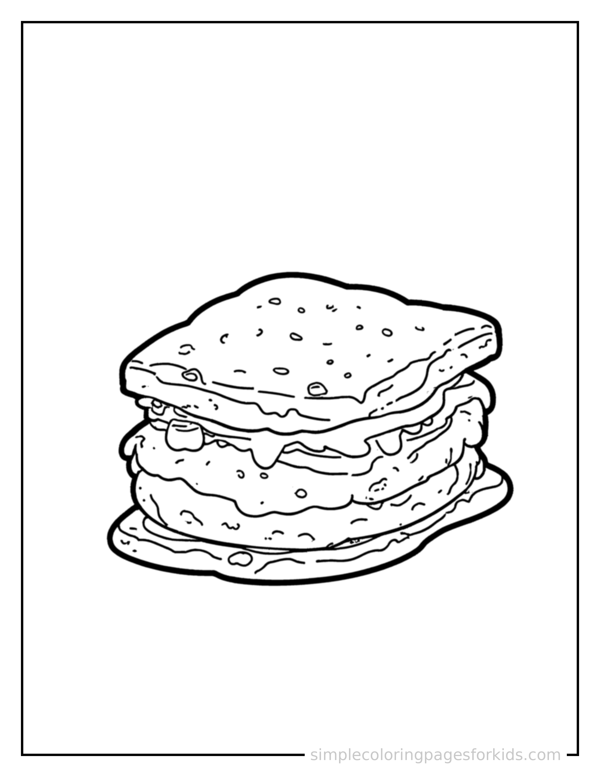 Free printable s'mores with chocolate and marshmallow coloring page featuring a cute s'mores with chocolate and marshmallow, shown as a simple central illustration with a cute smiling face.