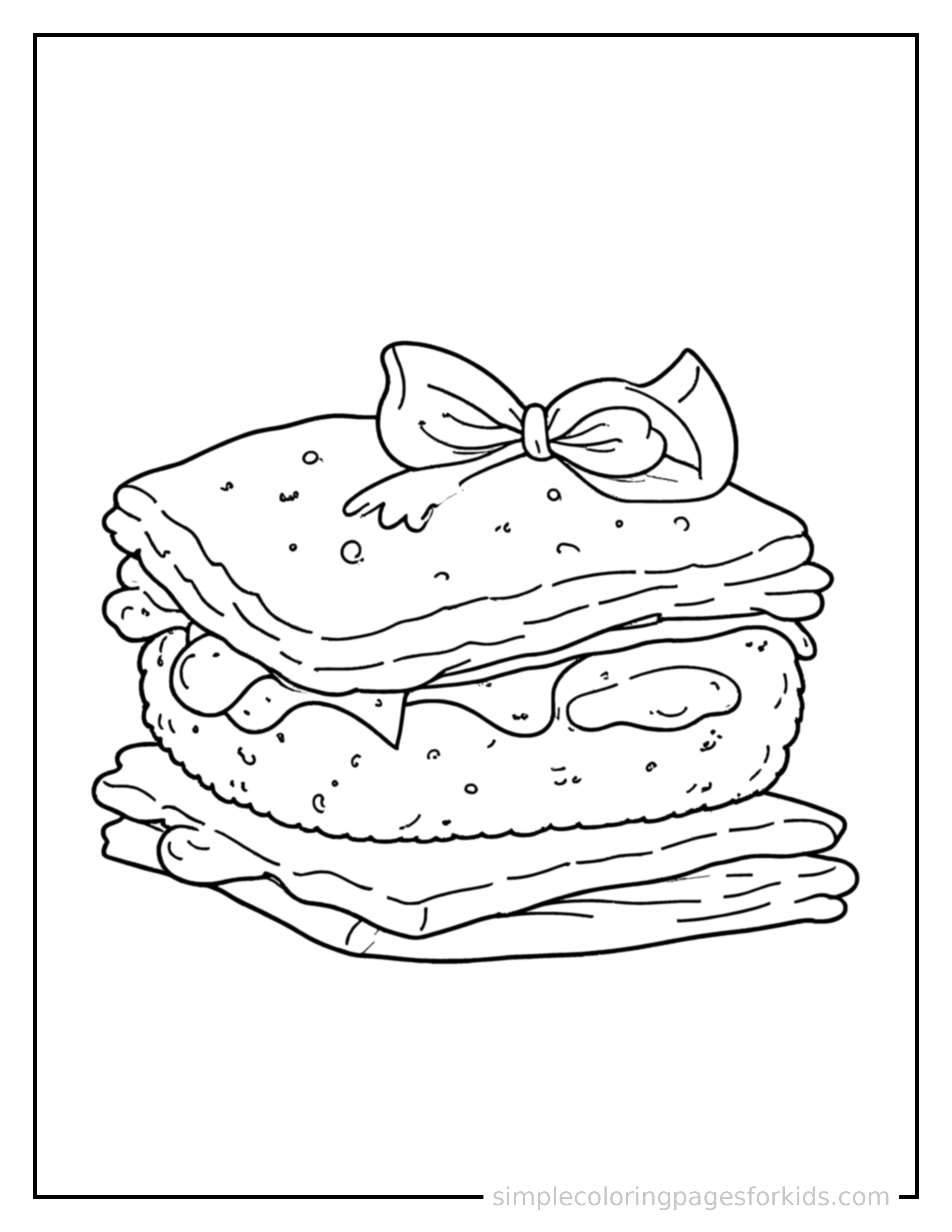 Free printable s'mores with chocolate and marshmallow coloring page featuring a cute s'mores with chocolate and marshmallow, decorated with a simple bow or ribbon for a festive touch.