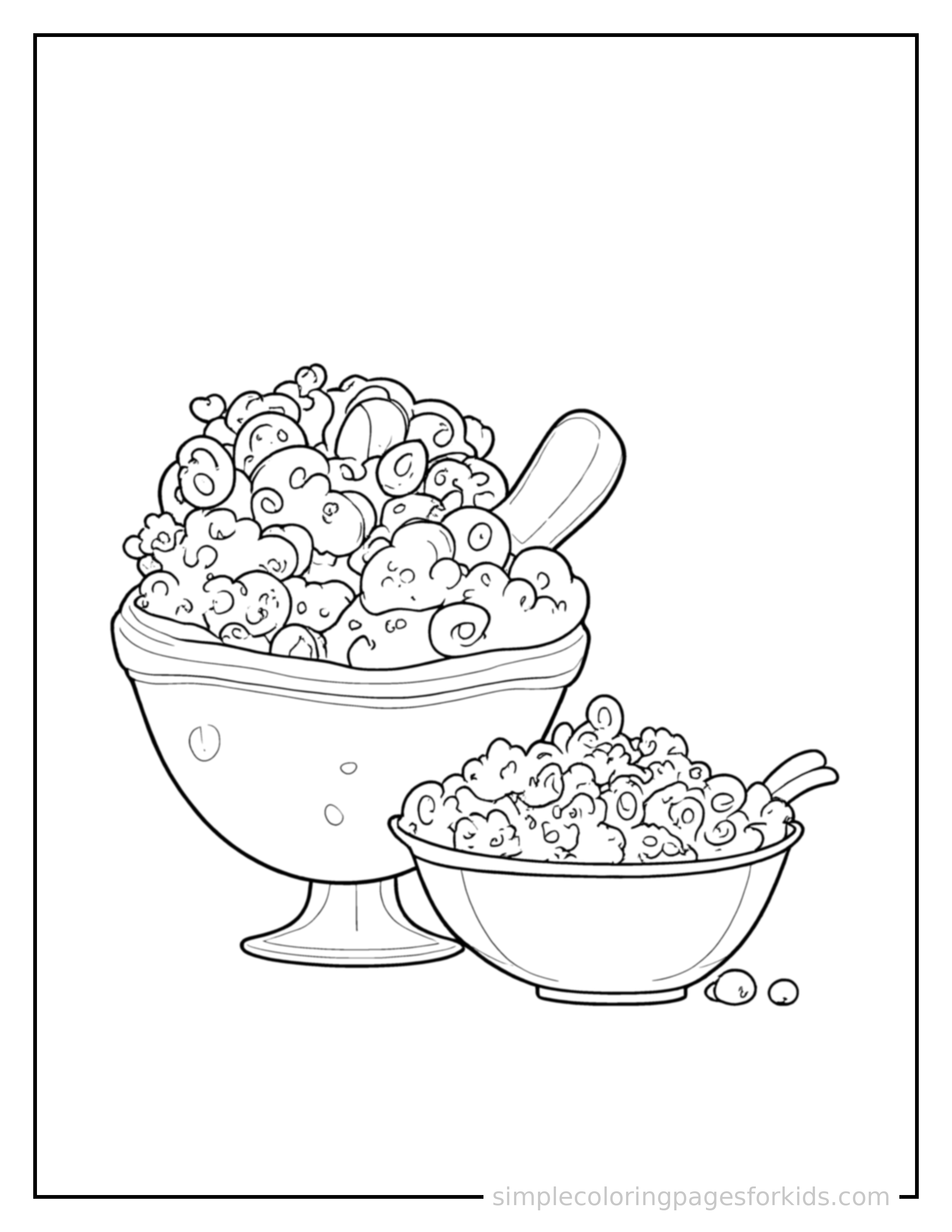 Free printable fruit smoothie bowl with toppings coloring page featuring a cute fruit smoothie bowl with toppings, shown with a smaller mini version of itself beside it.
