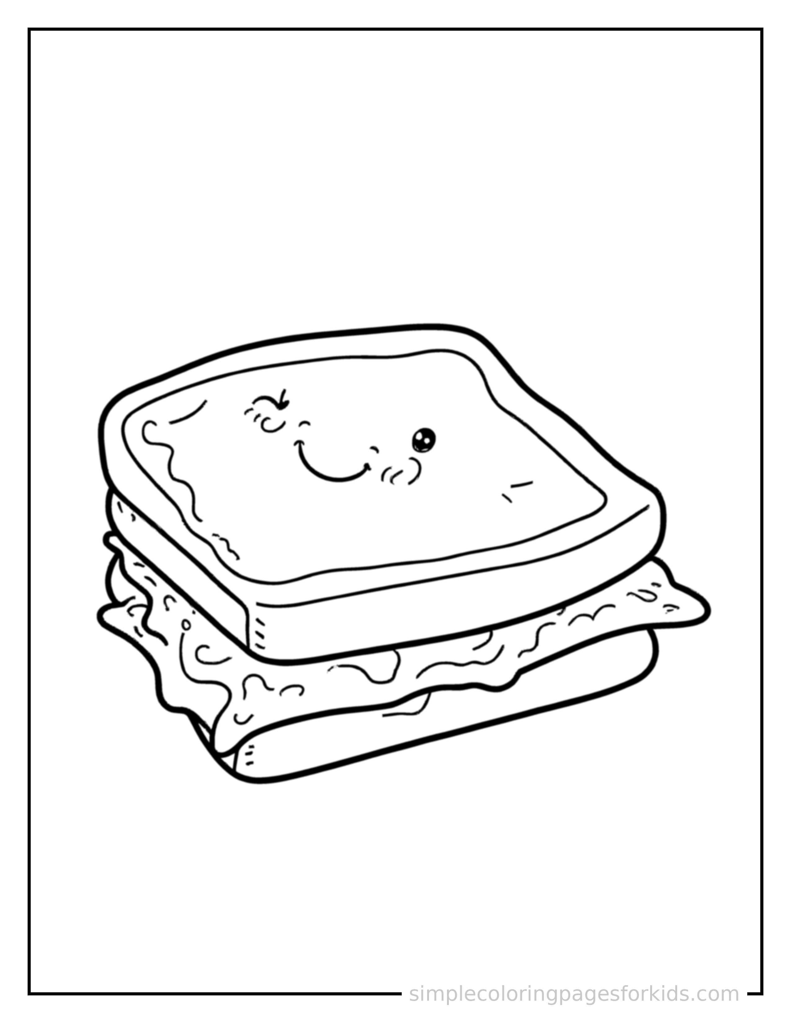 Free printable grilled cheese sandwich coloring page featuring a cute grilled cheese sandwich, shown as a simple central illustration with a cute smiling face.