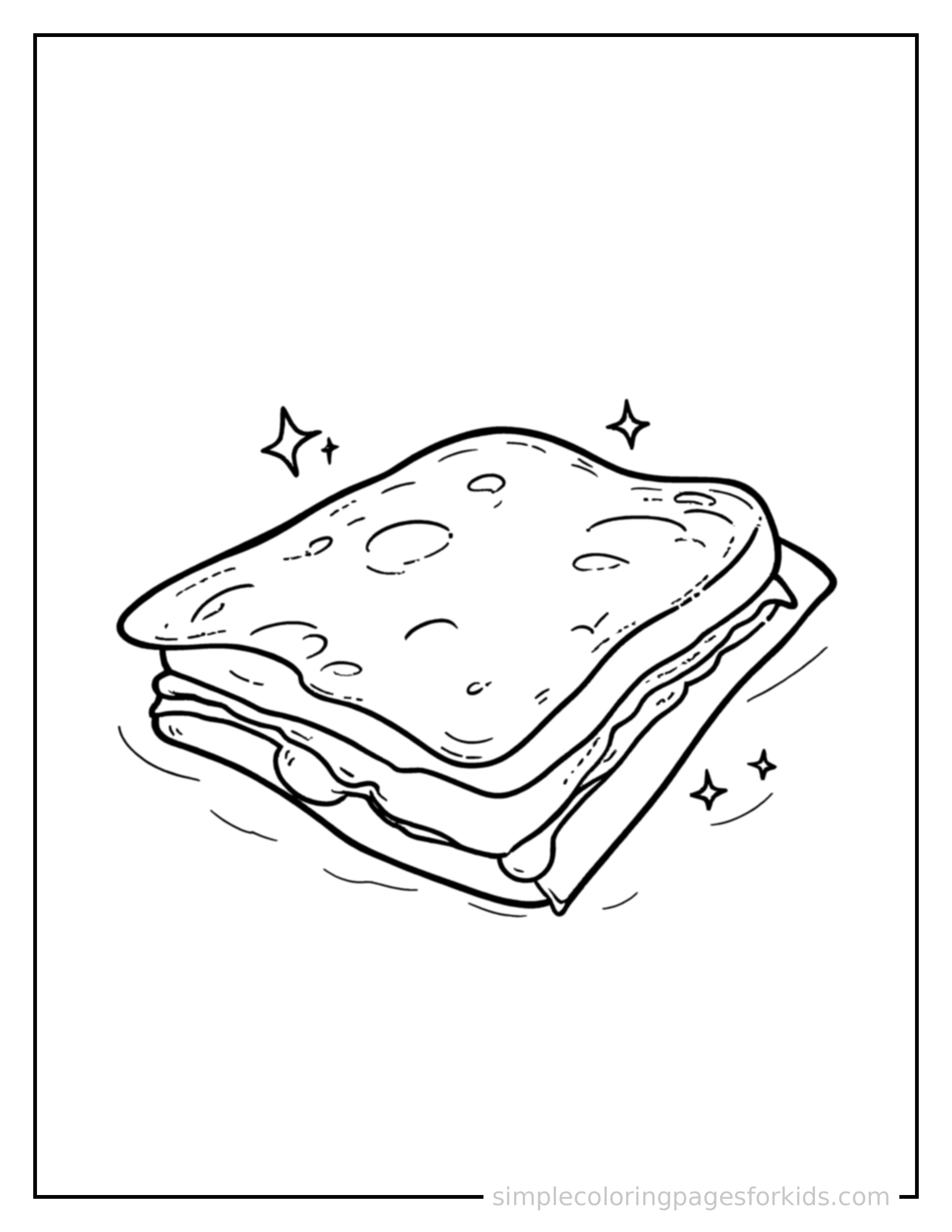 Free printable grilled cheese sandwich coloring page featuring a cute grilled cheese sandwich, shown from a slightly different angle with small decorative sparkle marks nearby.