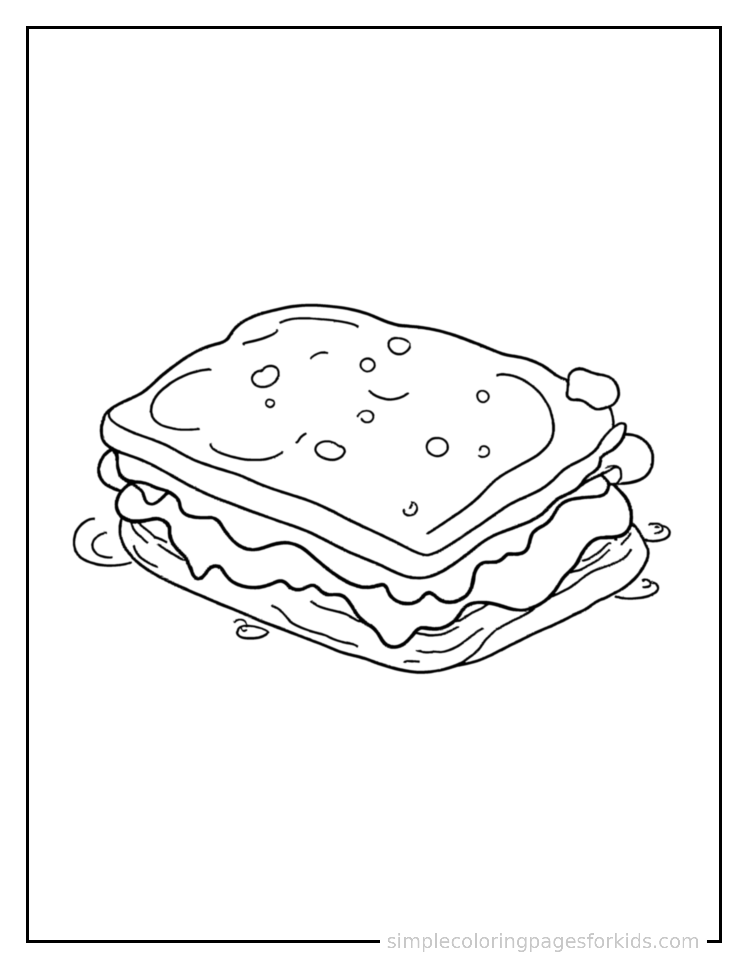 Free printable grilled cheese sandwich coloring page featuring a cute grilled cheese sandwich, shown with a smaller mini version of itself beside it.