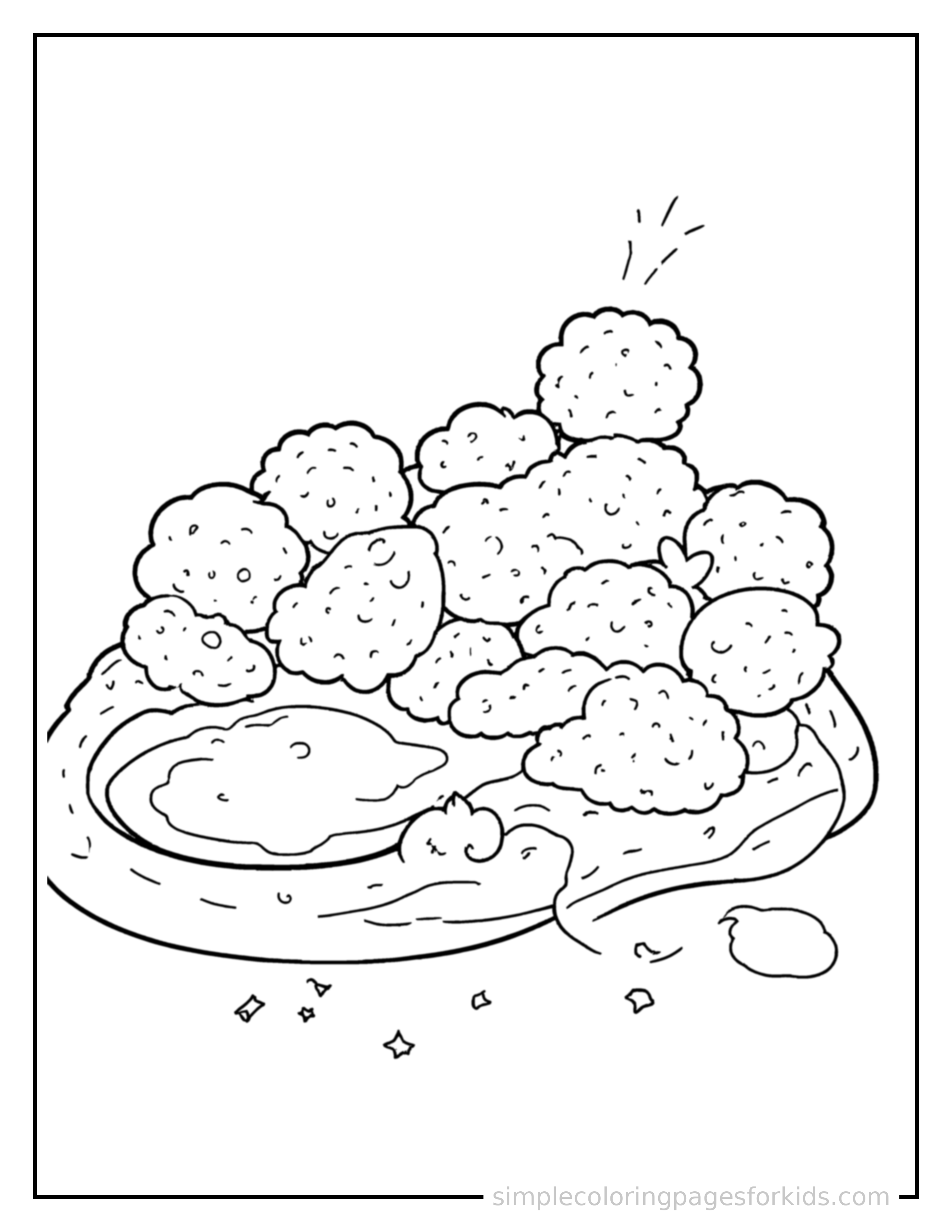 Free printable chicken nuggets with dipping sauce coloring page featuring a cute chicken nuggets with dipping sauce, shown from a slightly different angle with small decorative sparkle marks nearby.