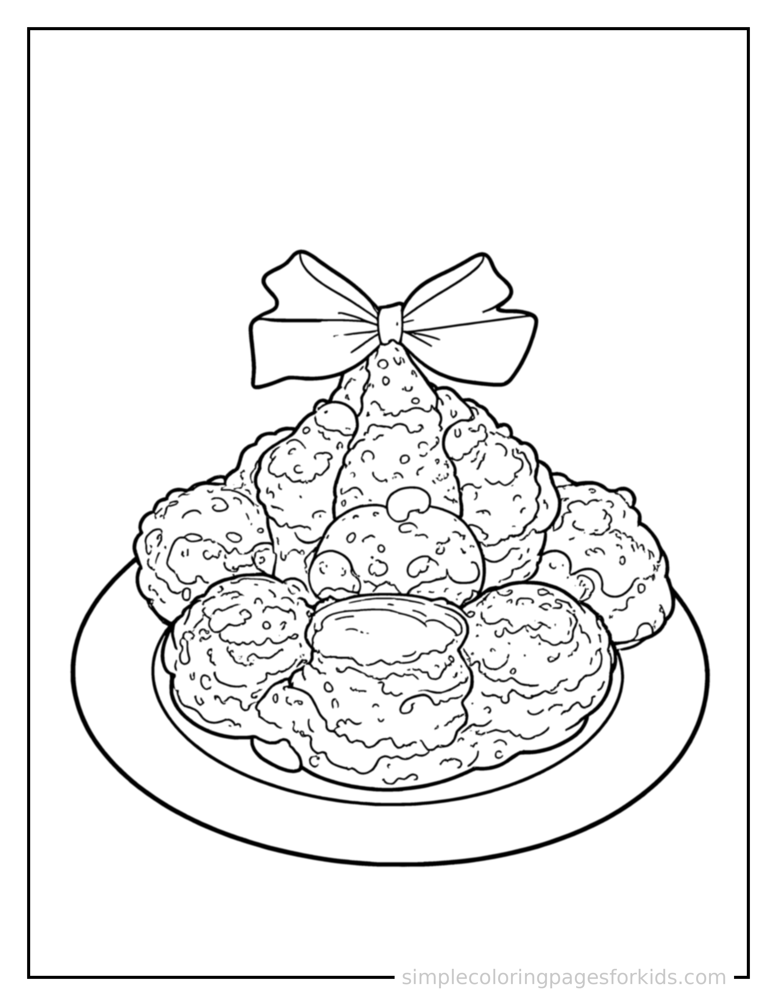Free printable chicken nuggets with dipping sauce coloring page featuring a cute chicken nuggets with dipping sauce, decorated with a simple bow or ribbon for a festive touch.