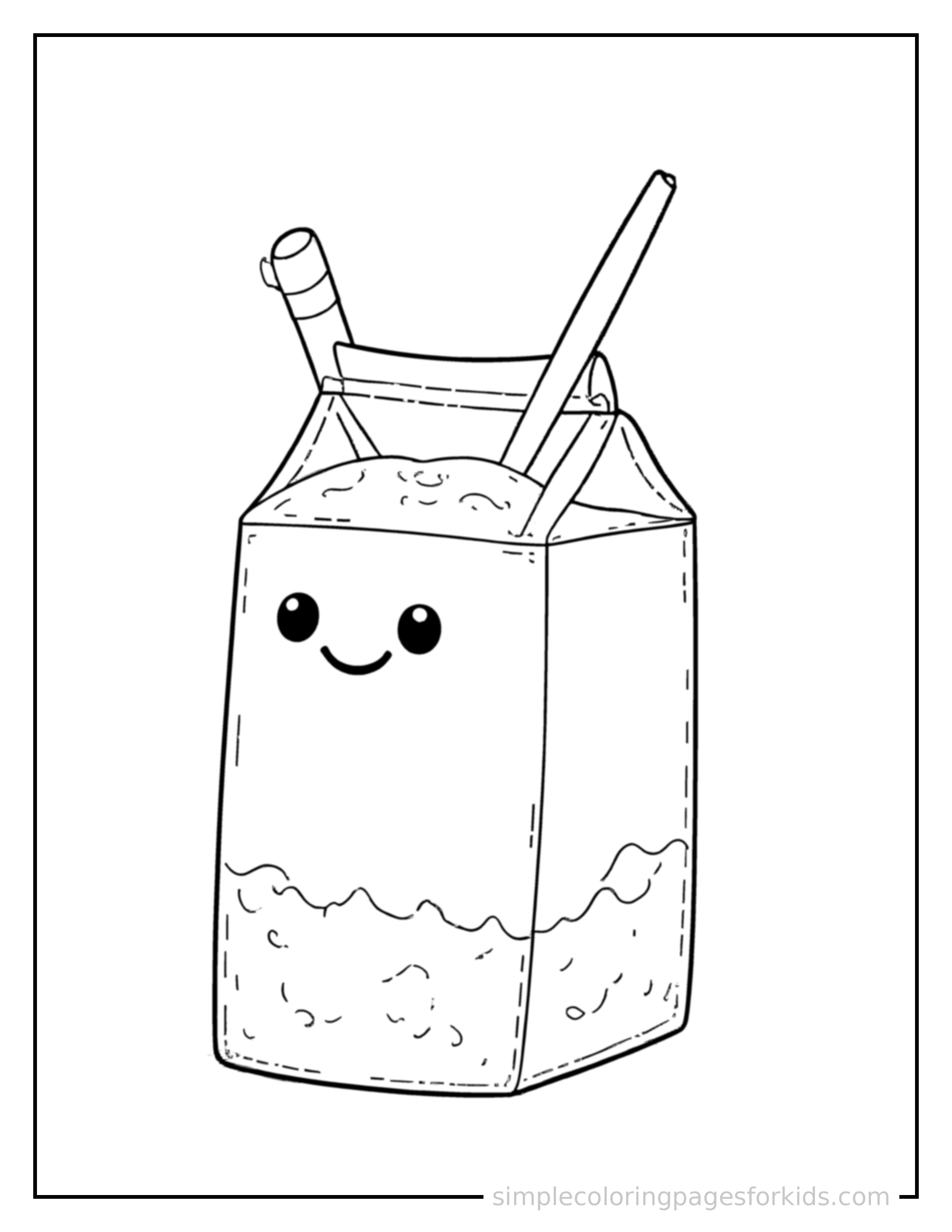 Free printable carton of milk with a straw coloring page featuring a cute carton of milk with a straw, shown as a simple central illustration with a cute smiling face.