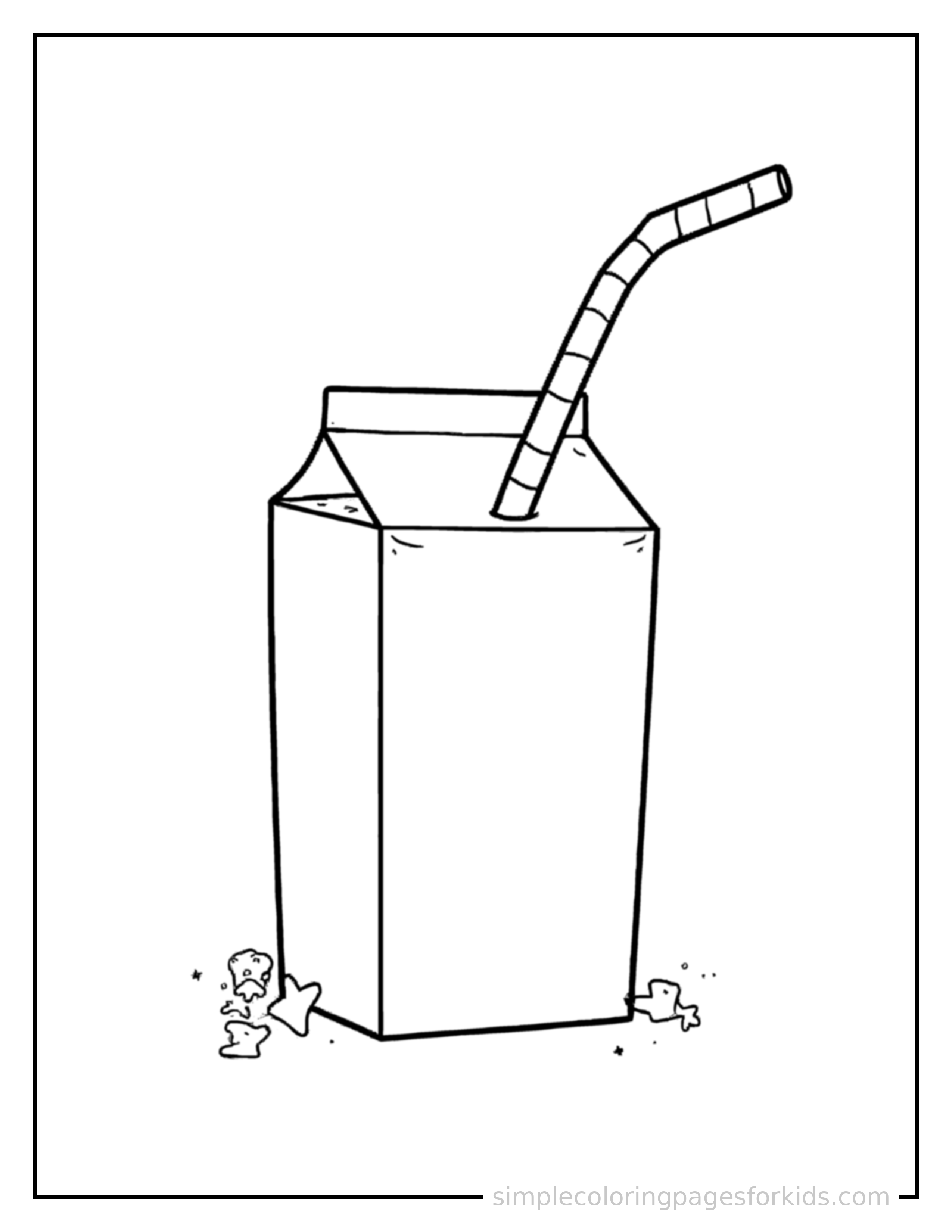 Free printable carton of milk with a straw coloring page featuring a cute carton of milk with a straw, shown from a slightly different angle with small decorative sparkle marks nearby.