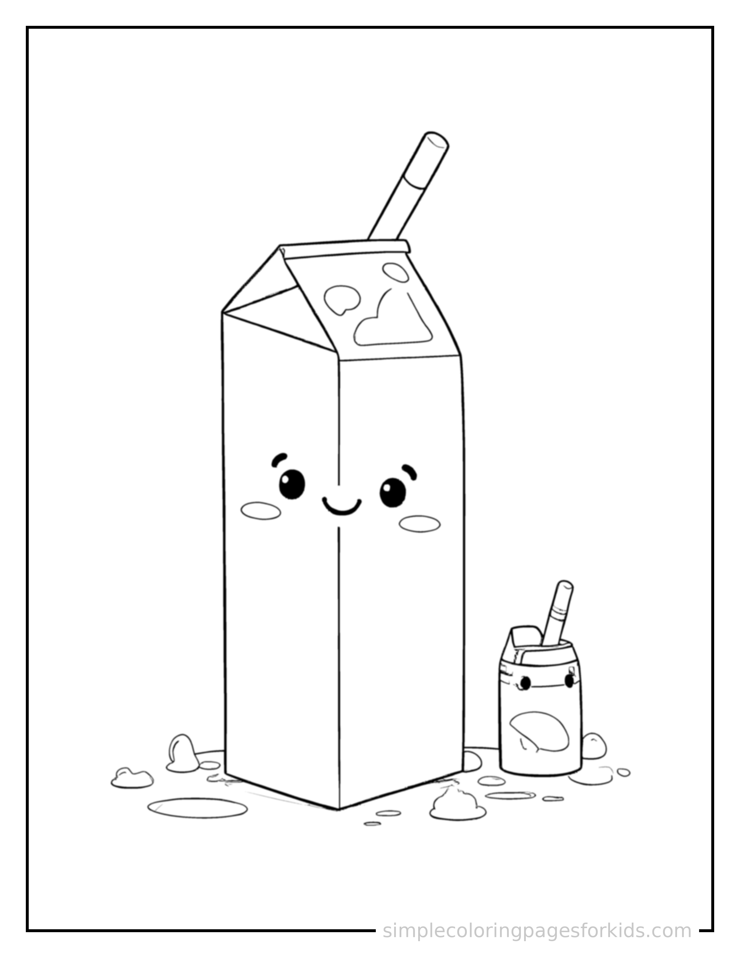 Free printable carton of milk with a straw coloring page featuring a cute carton of milk with a straw, shown with a smaller mini version of itself beside it.