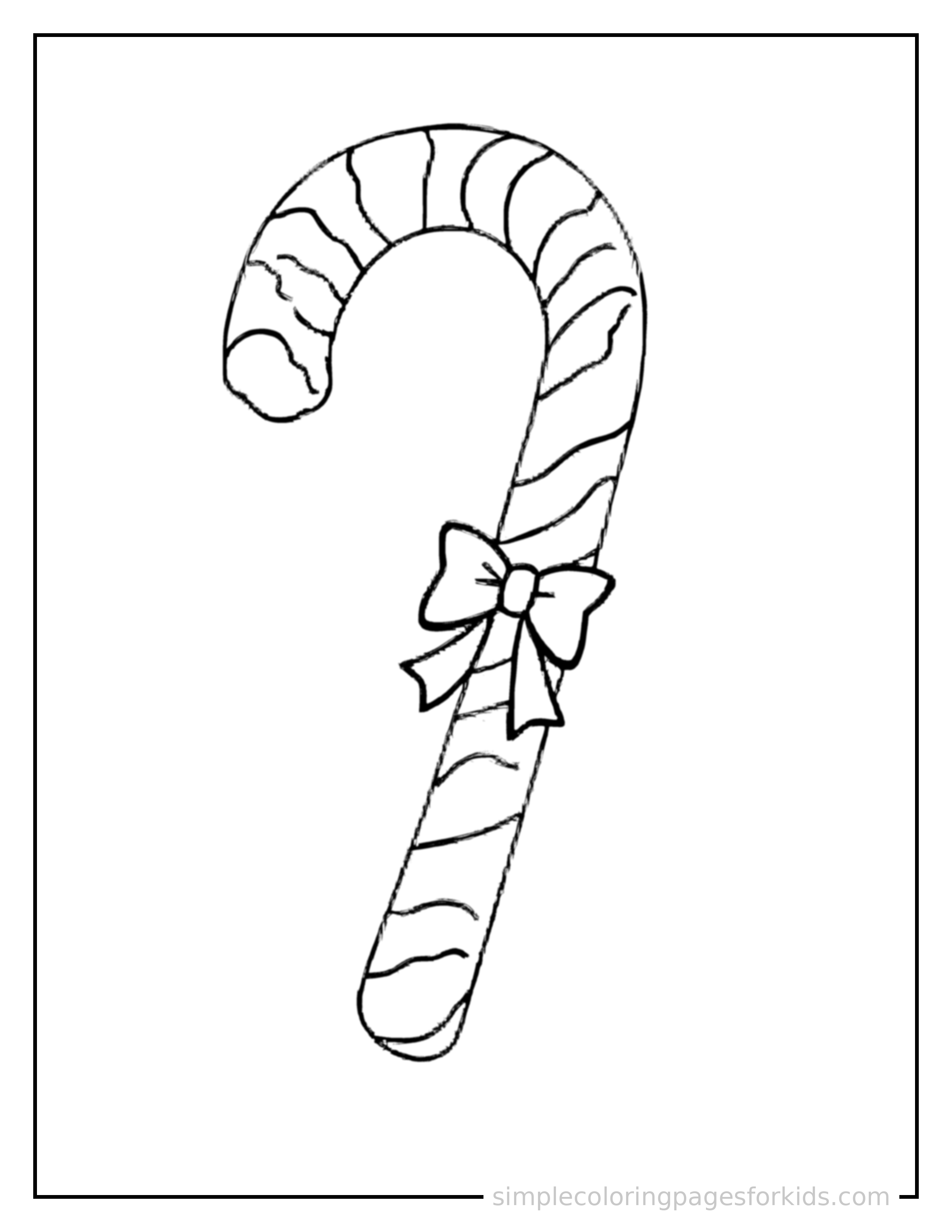 Free printable swirled candy cane coloring page featuring a cute swirled candy cane, decorated with a simple bow or ribbon for a festive touch.