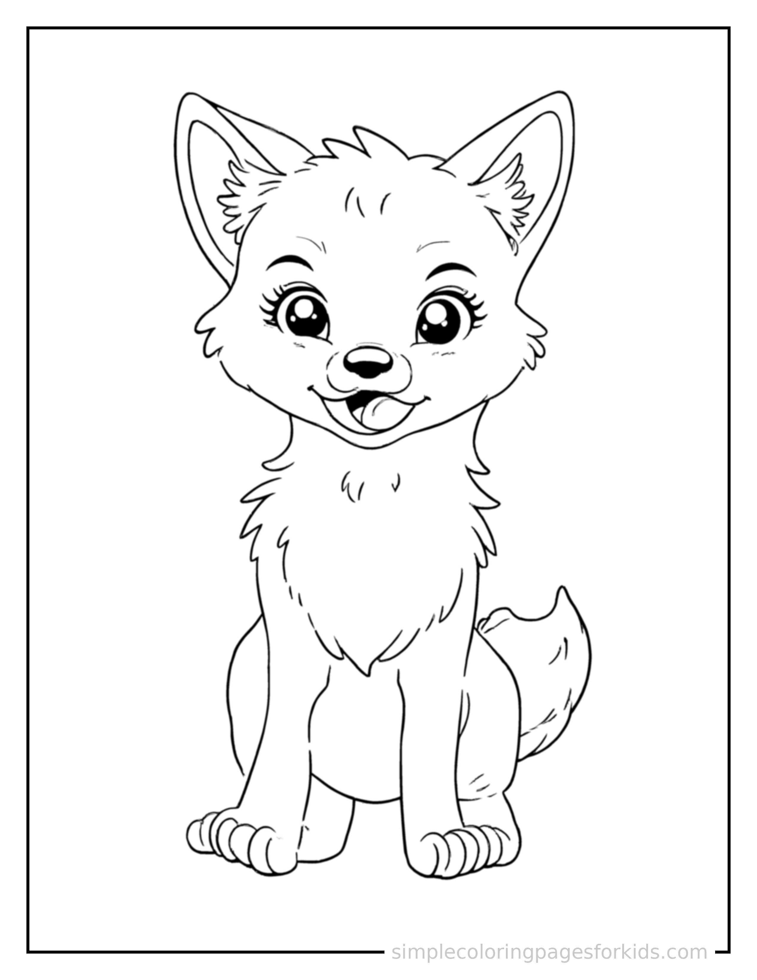 Free printable fox coloring page featuring a cute fox standing proudly on all fours, chest puffed out, big sparkling happy eyes, mouth open in a joyful smile.