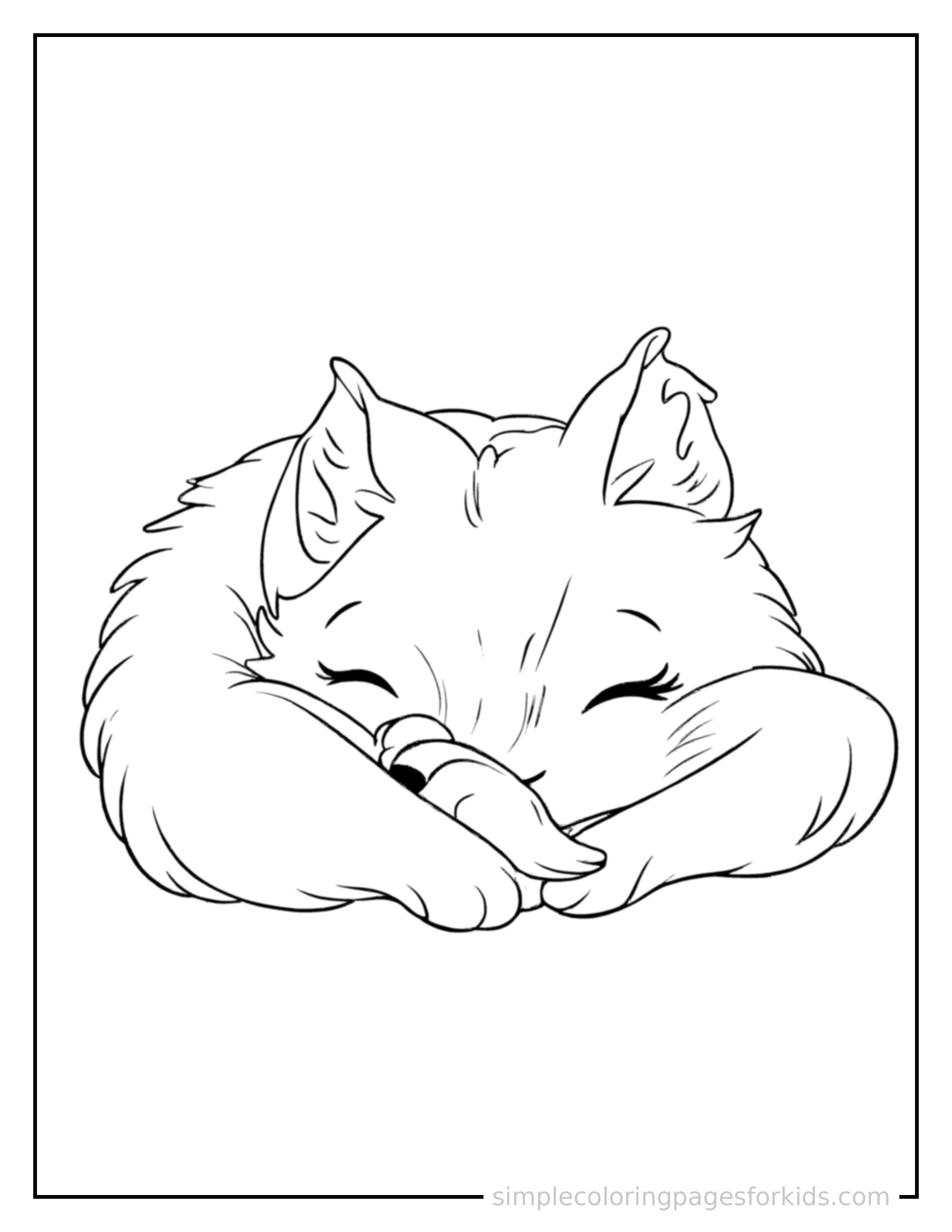 Free printable fox coloring page featuring a cute fox curled up fast asleep, peaceful smile, one eye scrunched shut, paws tucked under its chin.