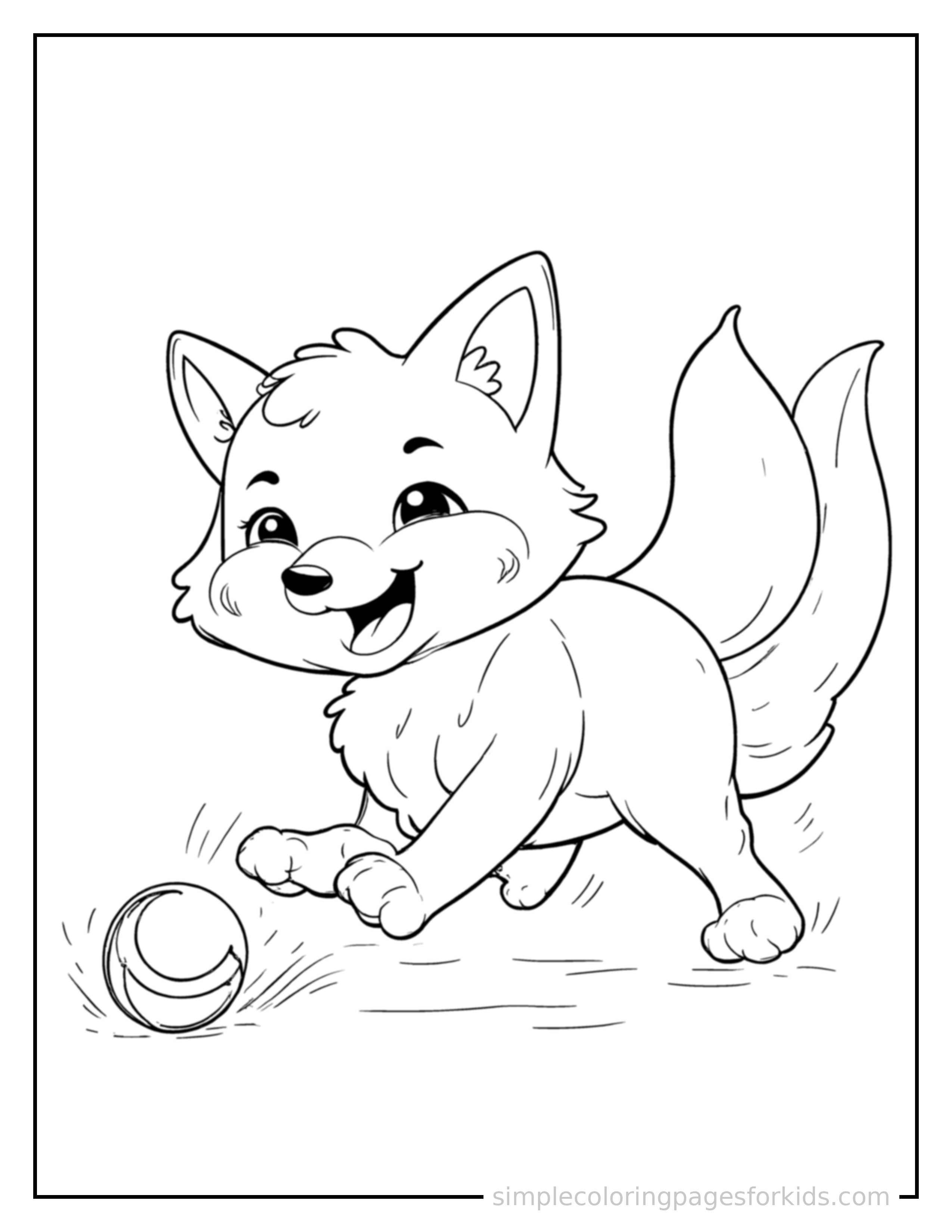 Free printable fox coloring page featuring a cute fox mid-bounce chasing a round ball, front paws stretched forward, mouth open with excitement, ears flopping.